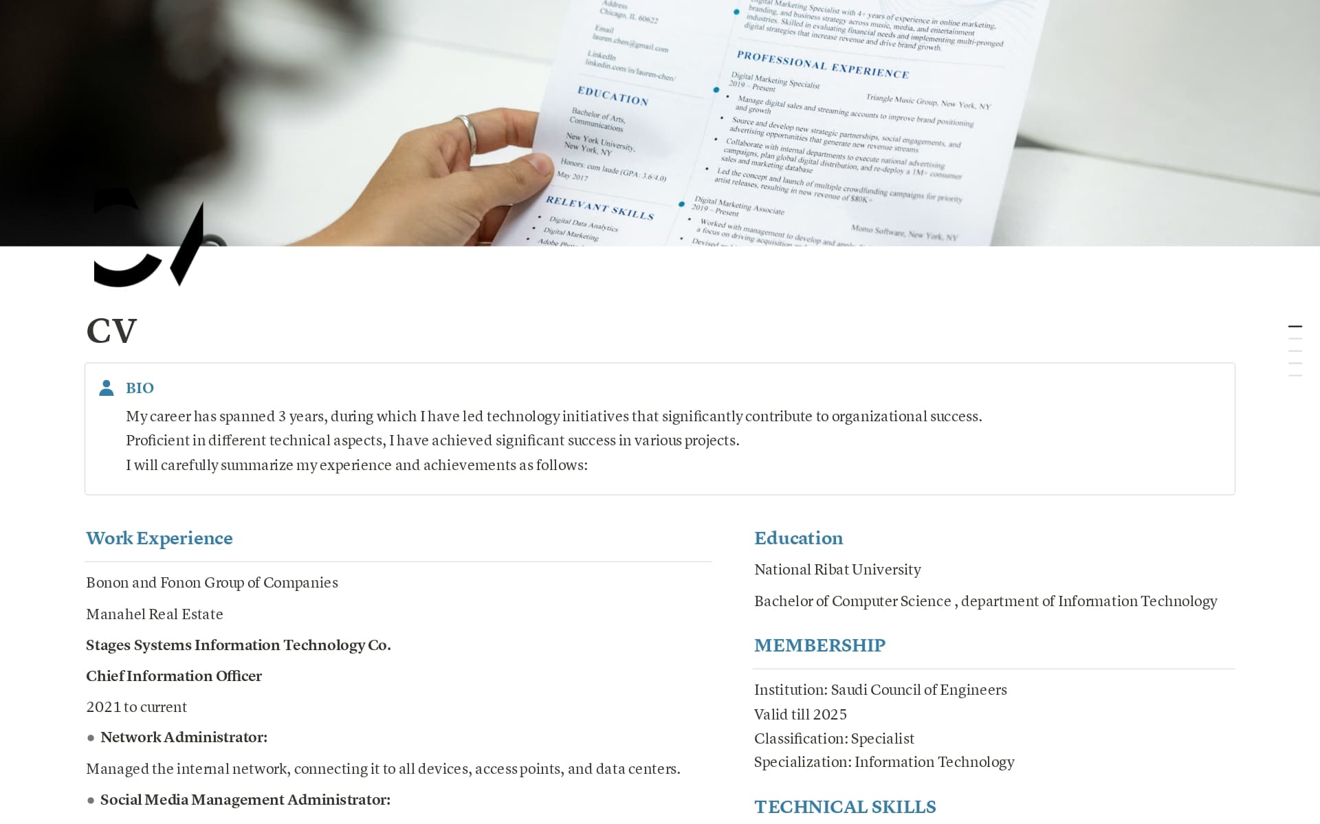 A template preview for CV