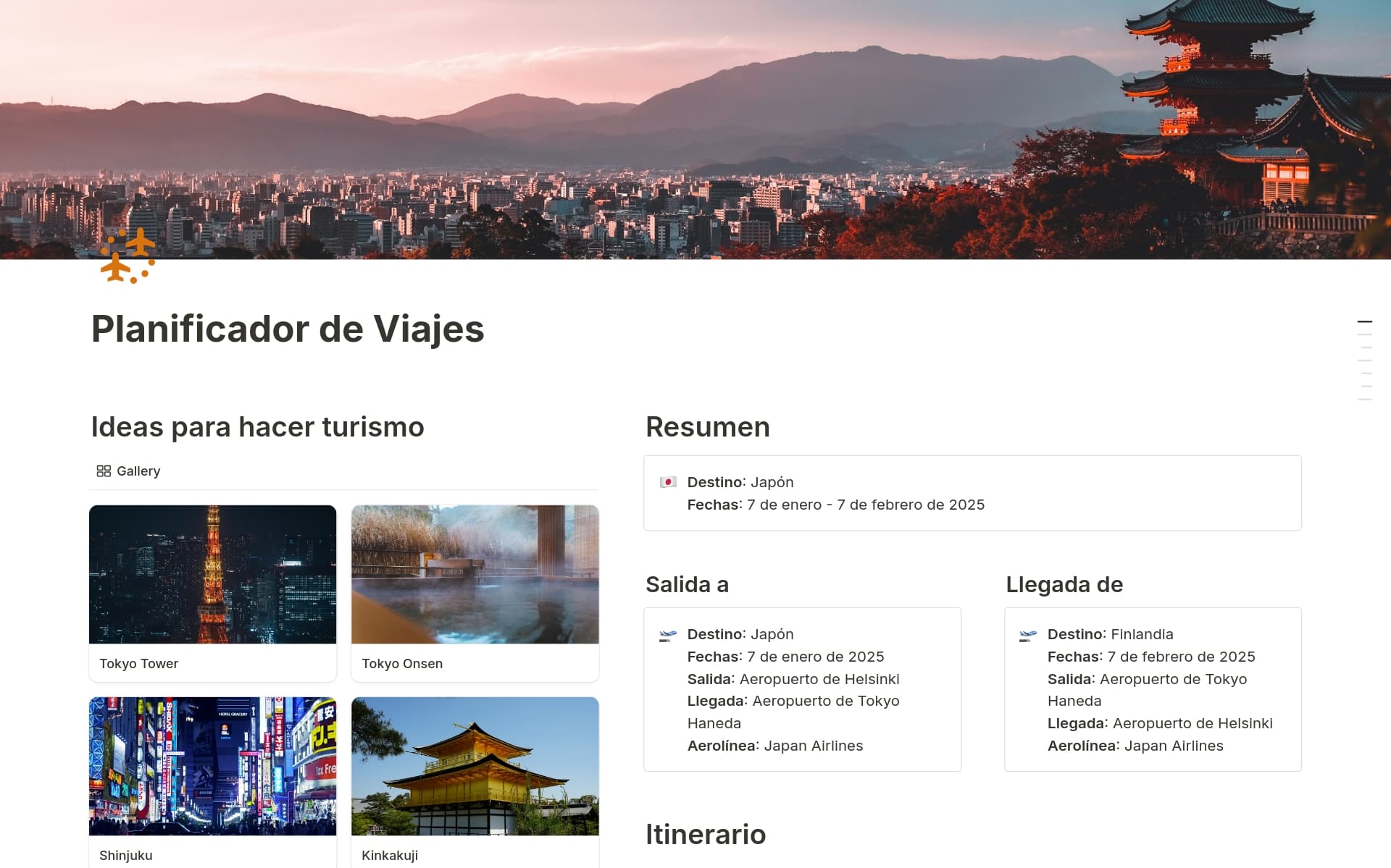 Vista previa de plantilla para Planificador de Viajes