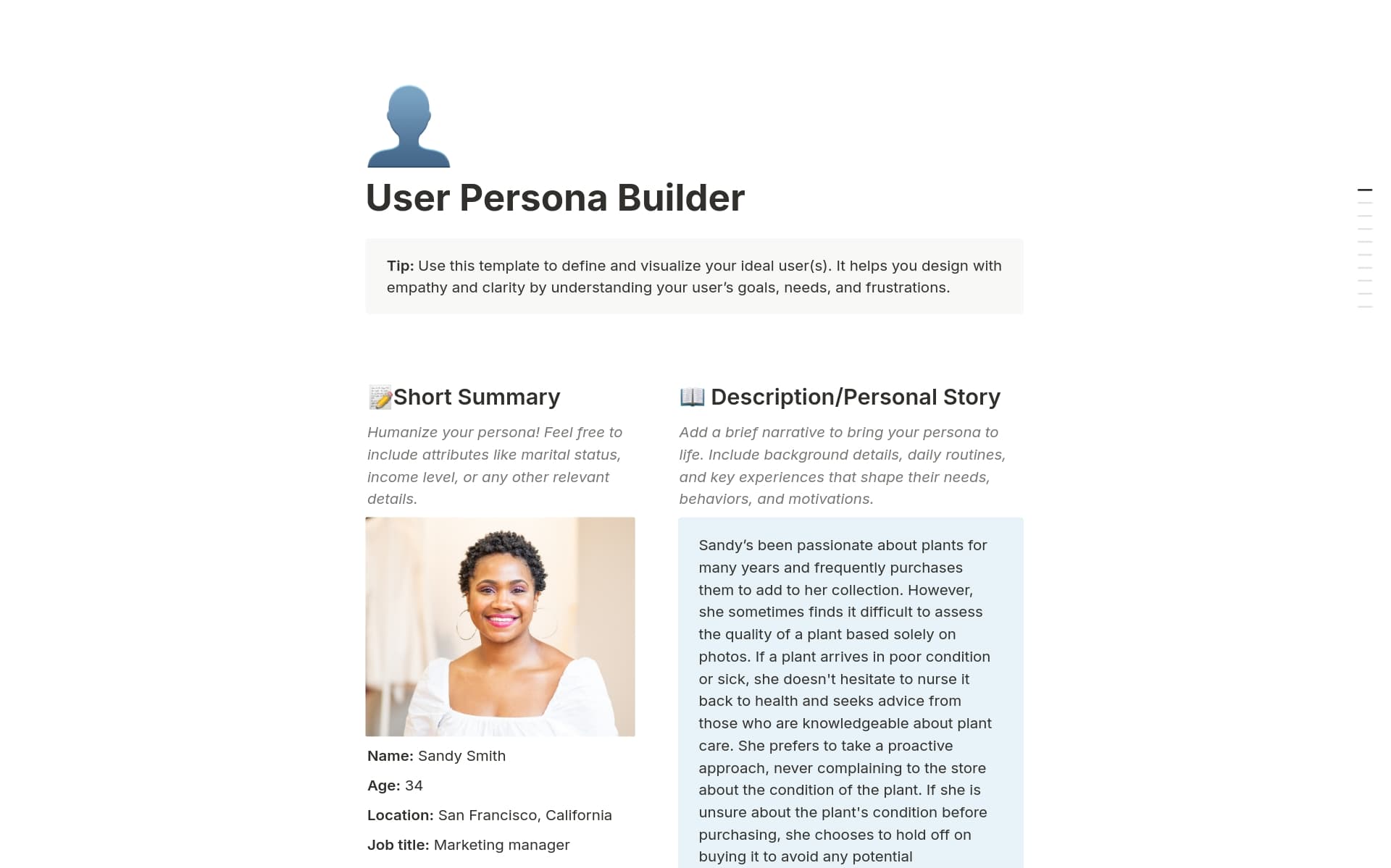 A template preview for User Persona Builder