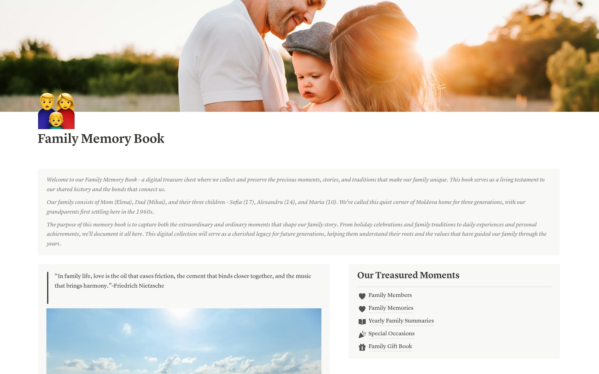 This Notion template creates a dynamic family memory book with databases for memories, gifts, and family/pet profiles, fostering collaborative storytelling and multimedia sharing. To collaboratively document, organize, and cherish family memories, gifts.