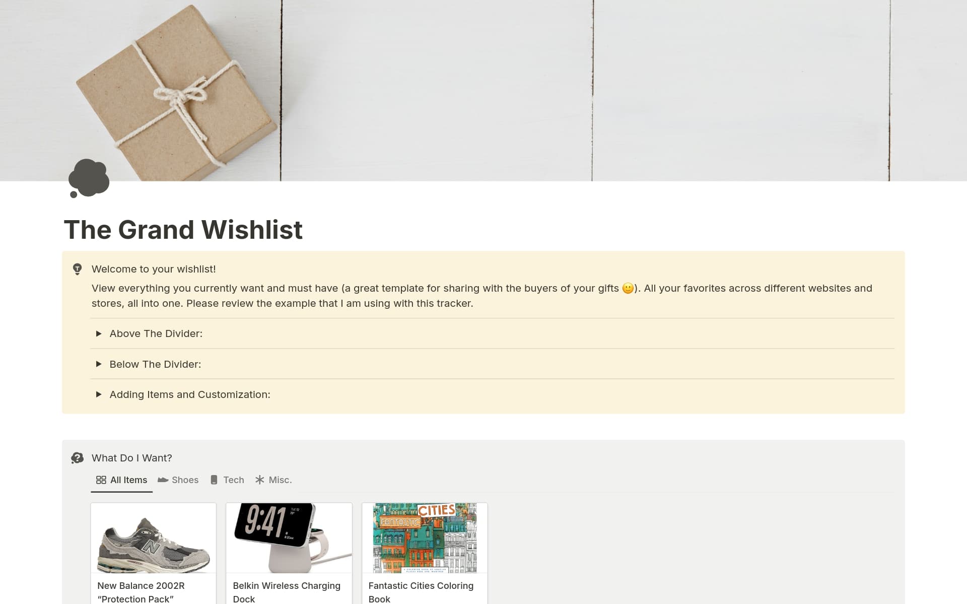 This template is a handy wishlist to combine all your wants into one location.