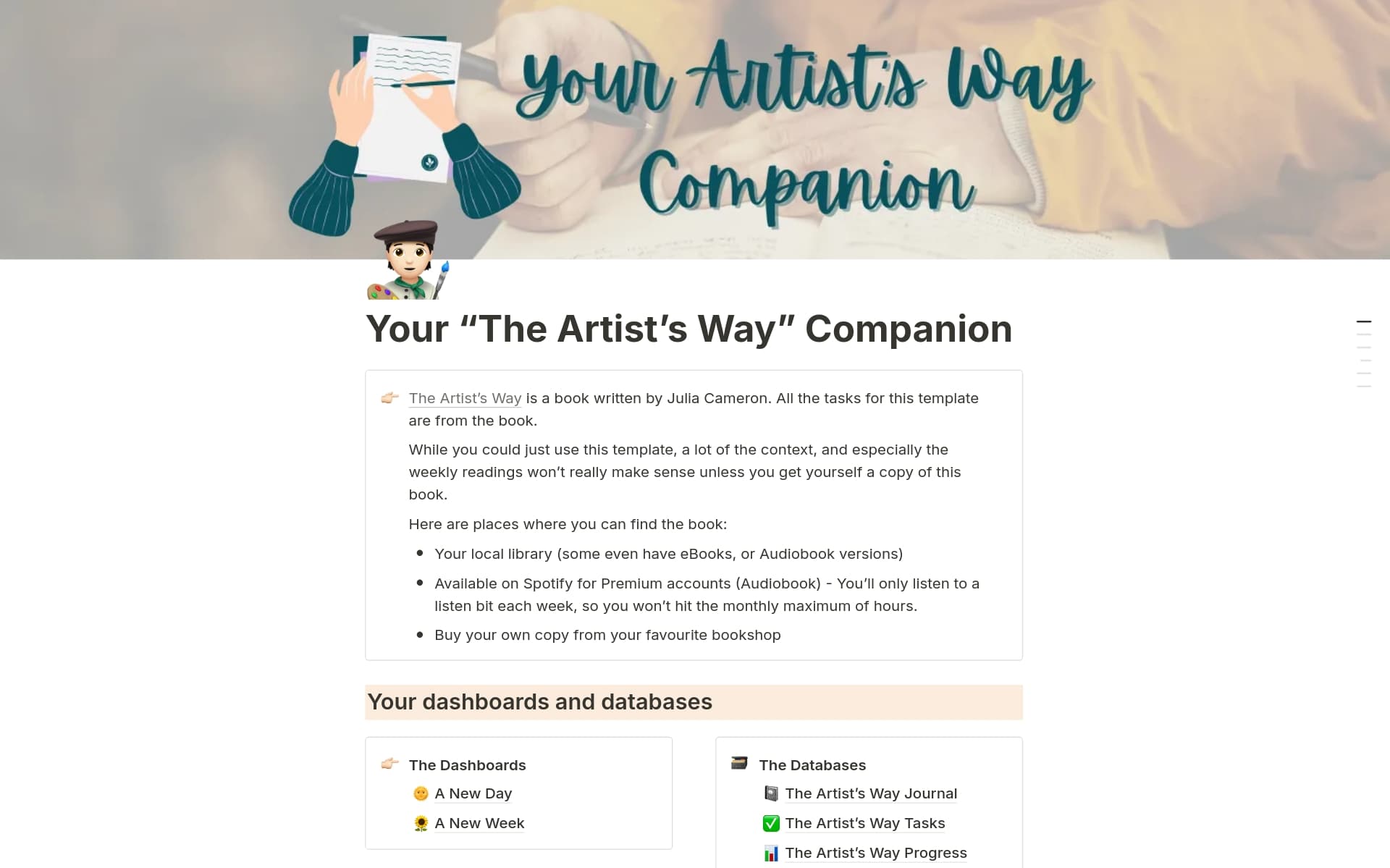 Based on Julia Cameron's book, The Artist's Way, this is a companion to make it easier to go through all the tasks, journaling, Artist's Dates and weekly check-ins.