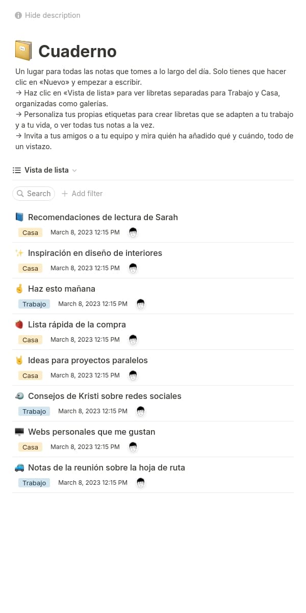 Una captura de pantalla de la aplicación móvil de Notion