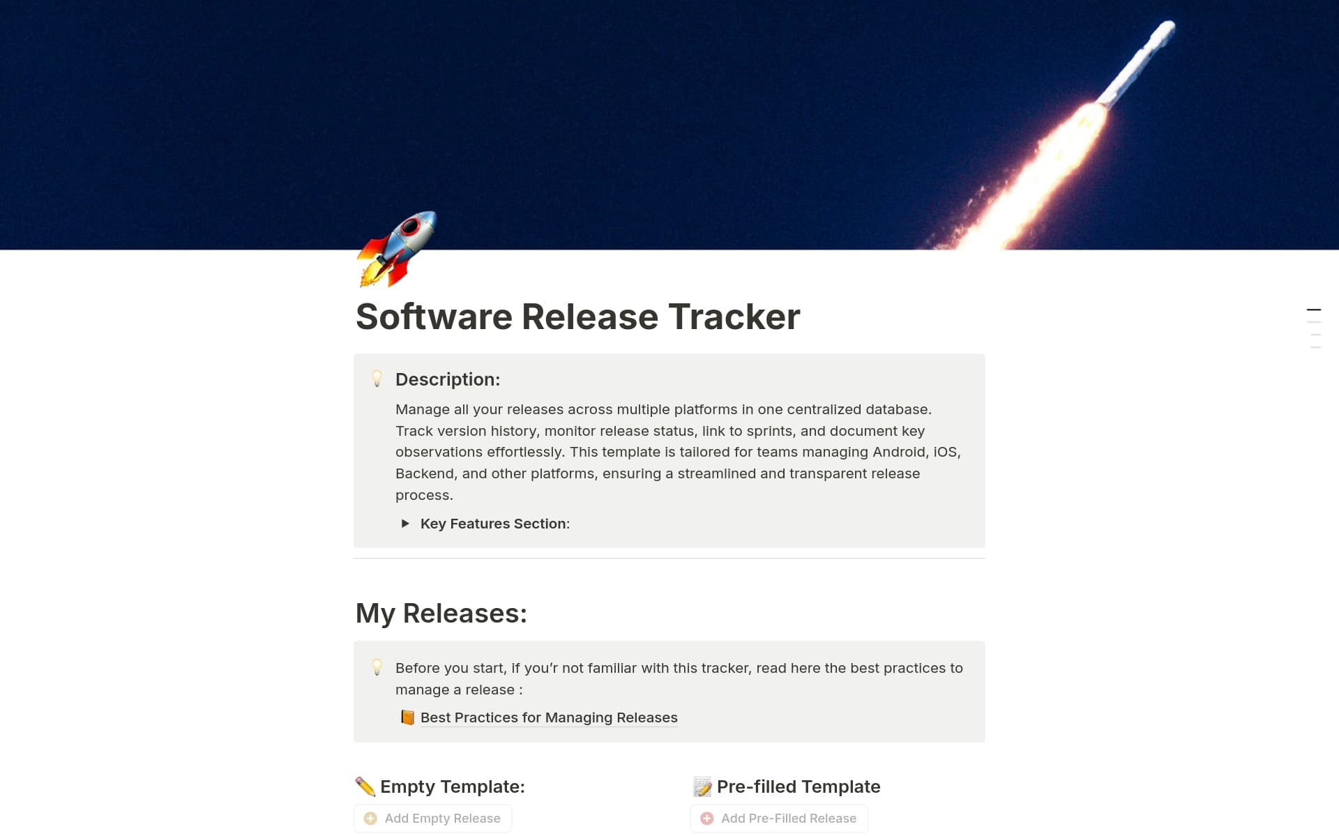 A template preview for Software Release Tracker