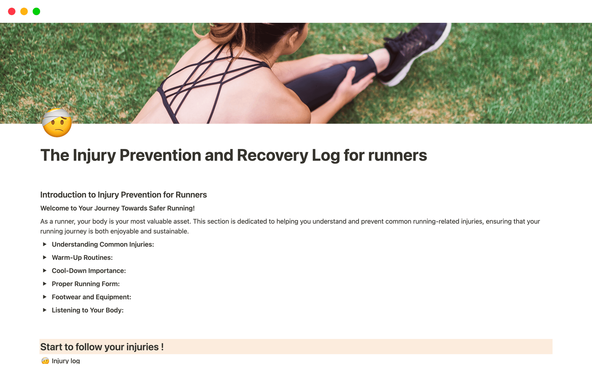 A template preview for The Injury Prevention and Recovery Log for runners
