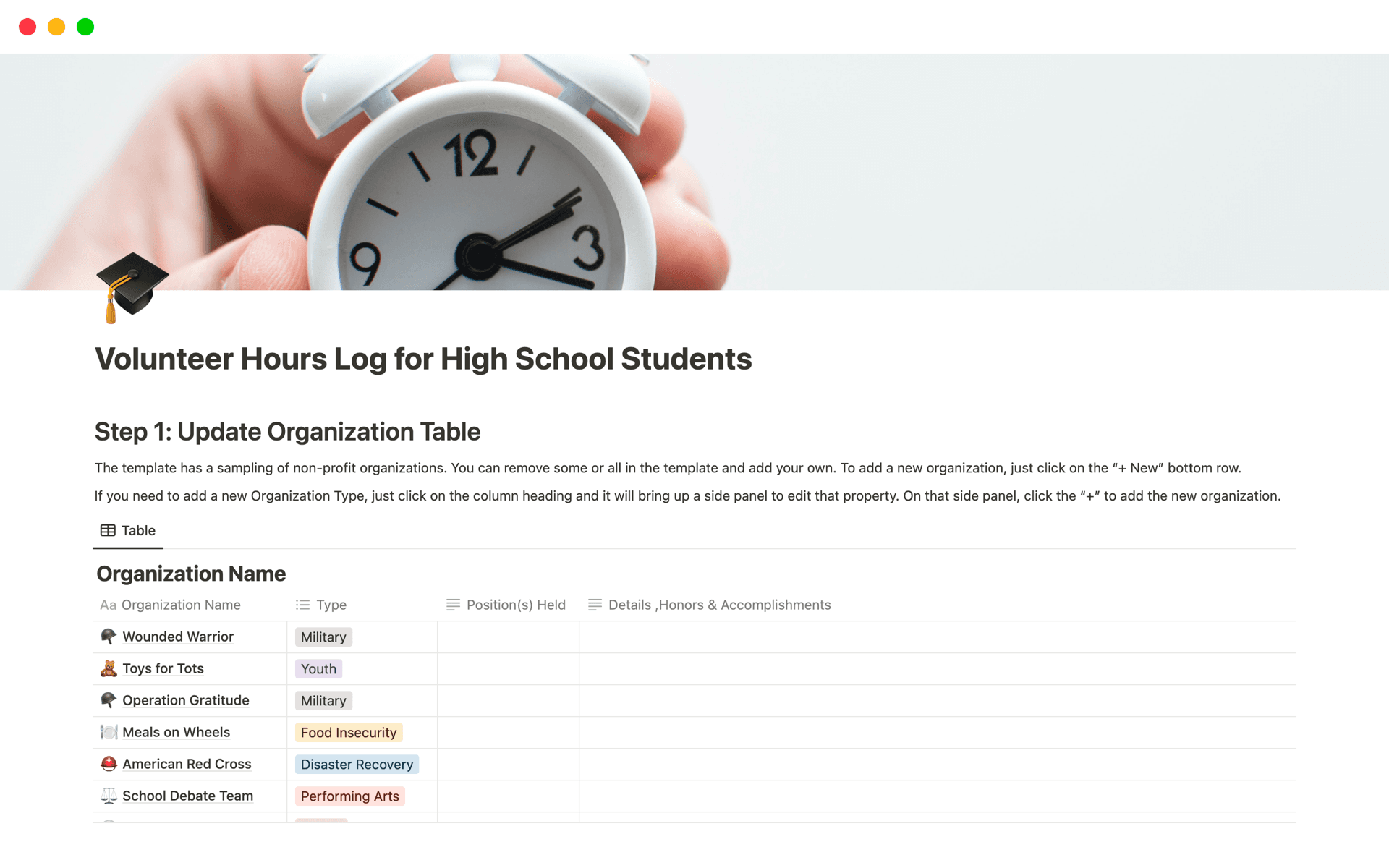This template will help high school students keep track of volunteer service hours in a way that will help them fill out college applications.