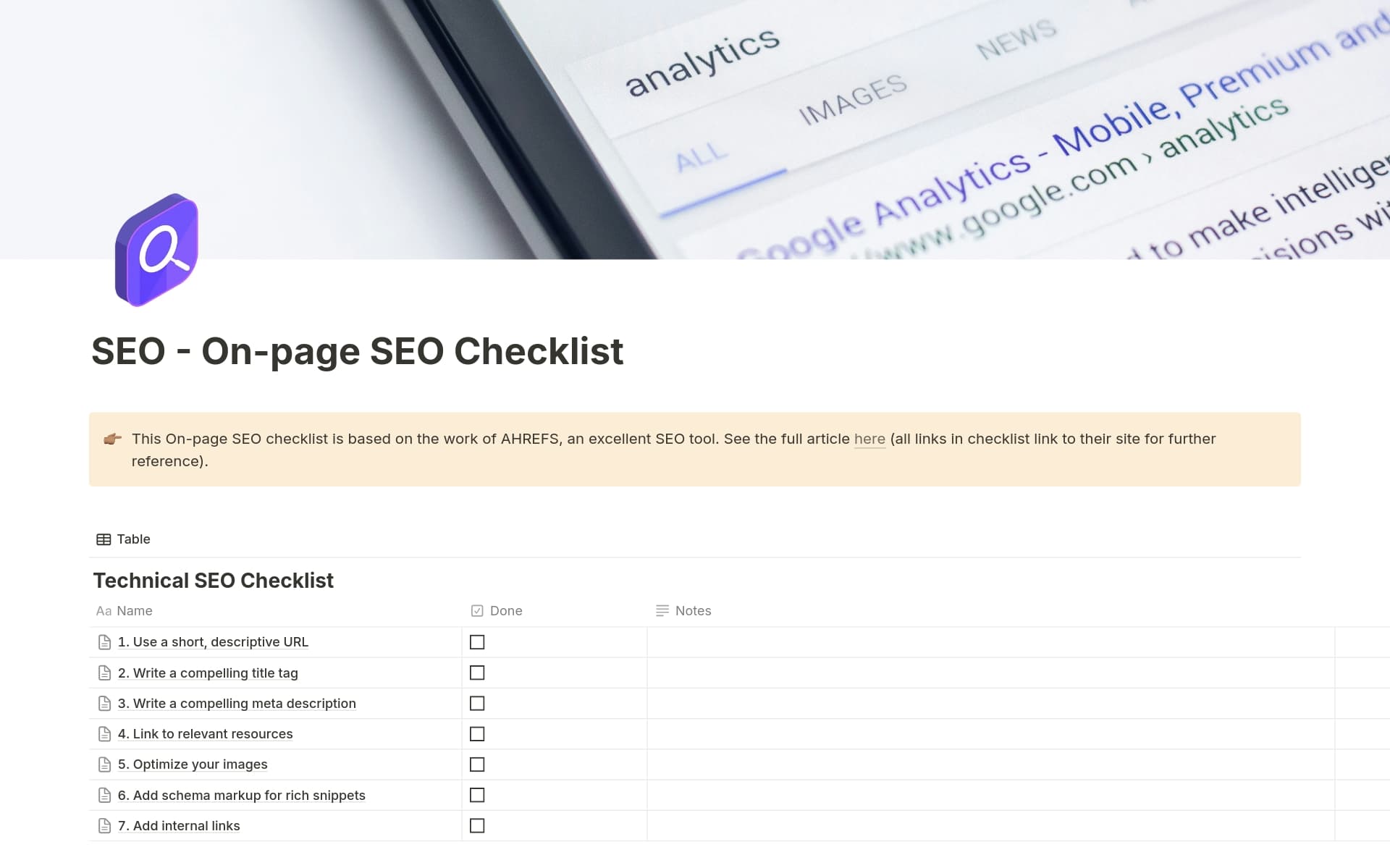 Optimize your website content with the Notion On-page SEO Checklist Template. Streamline tasks like title tags, meta descriptions, URL structure, and image optimization. Perfect for website owners and SEO professionals aiming to improve search engine rankings.