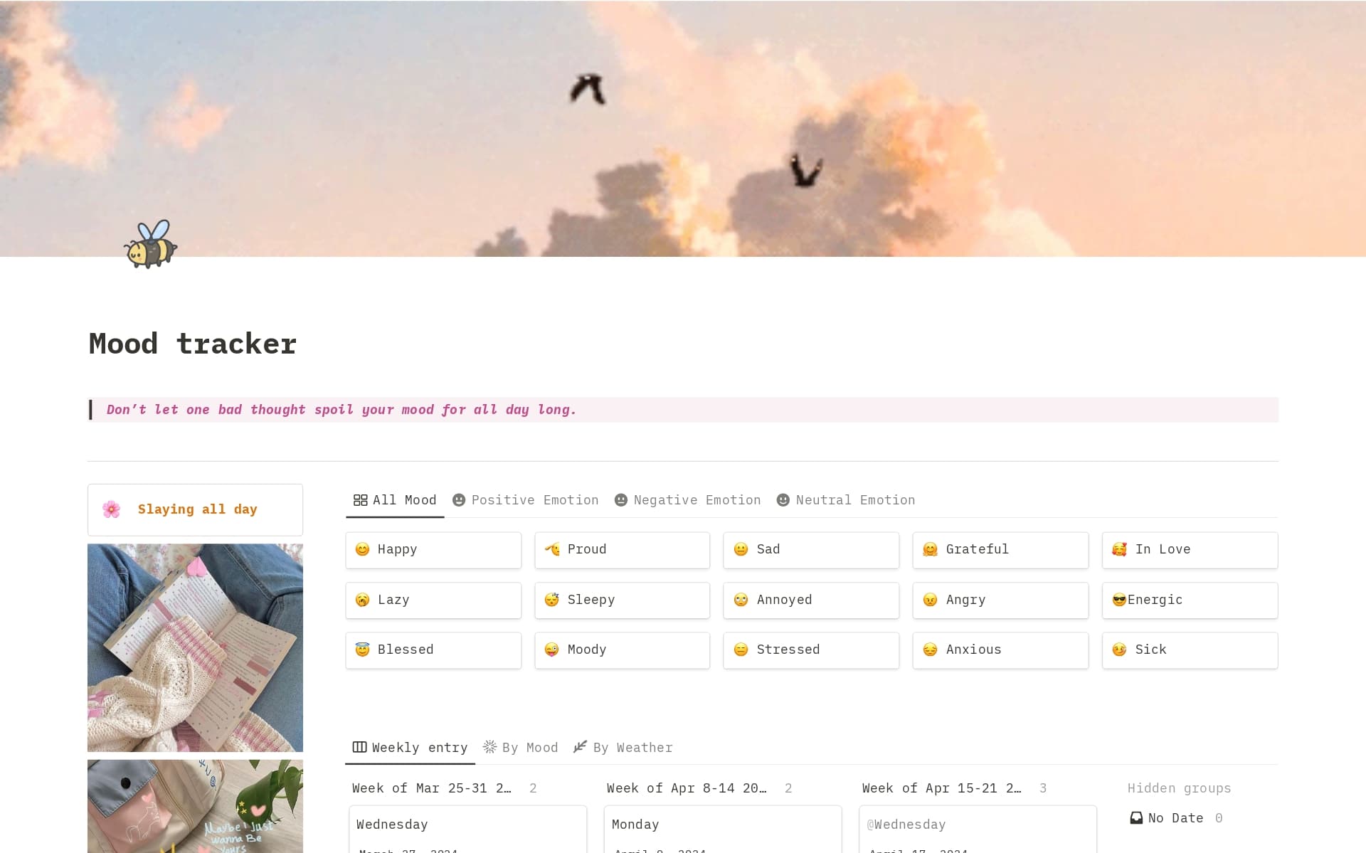 The Mood Tracker template allows you to monitor your emotional state and identify patterns. Gain insights into your triggers and celebrate positive emotions for a happier, more balanced you.