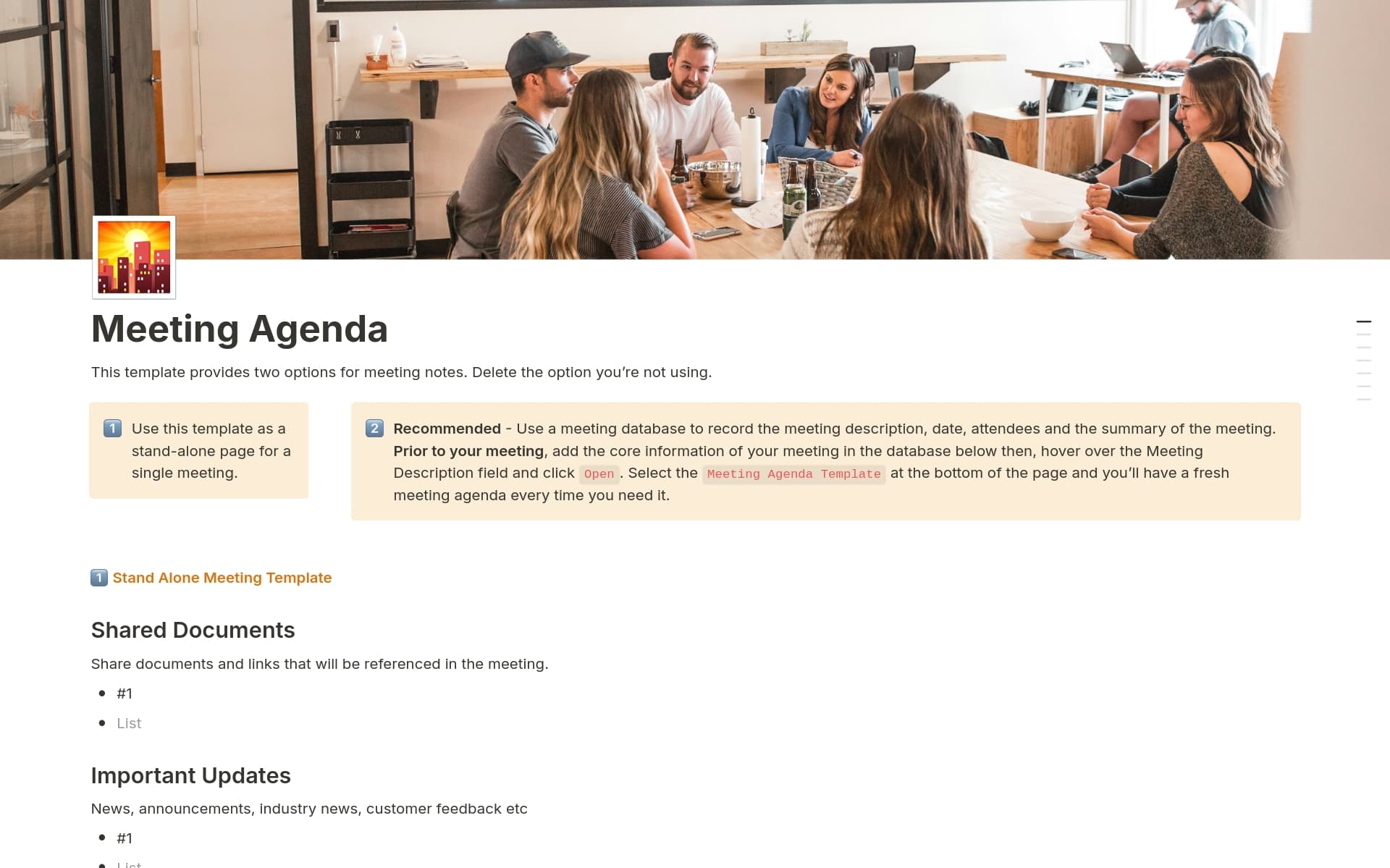 A template preview for Meeting Agenda