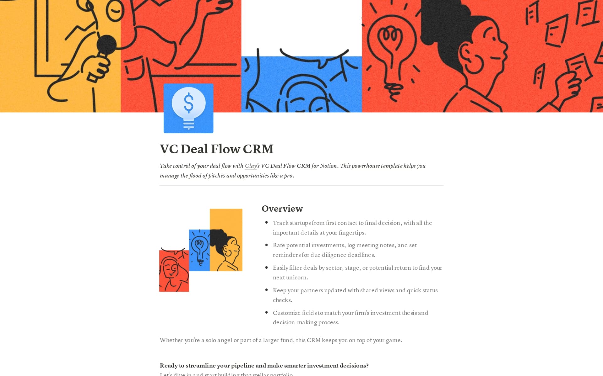 Take control of your deal flow with Clay's VC Deal Flow CRM for Notion. This powerhouse template helps you manage the flood of pitches and opportunities like a pro.