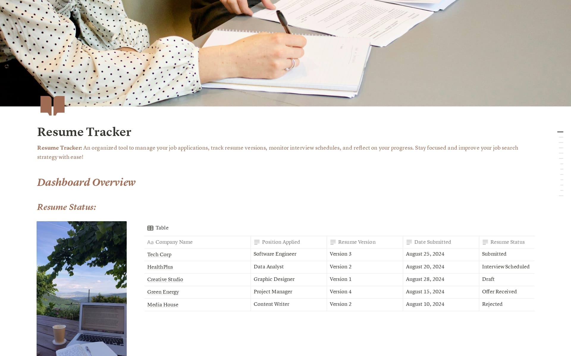 A template preview for Resume Tracker