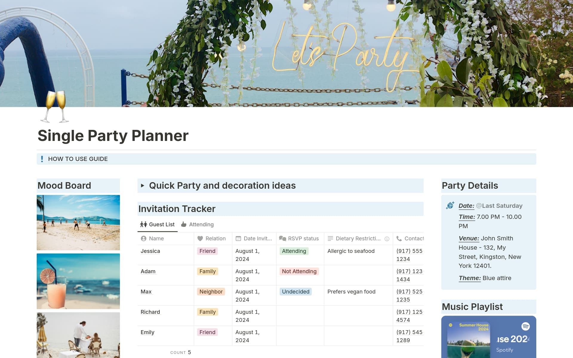 A template preview for Single Party Planner