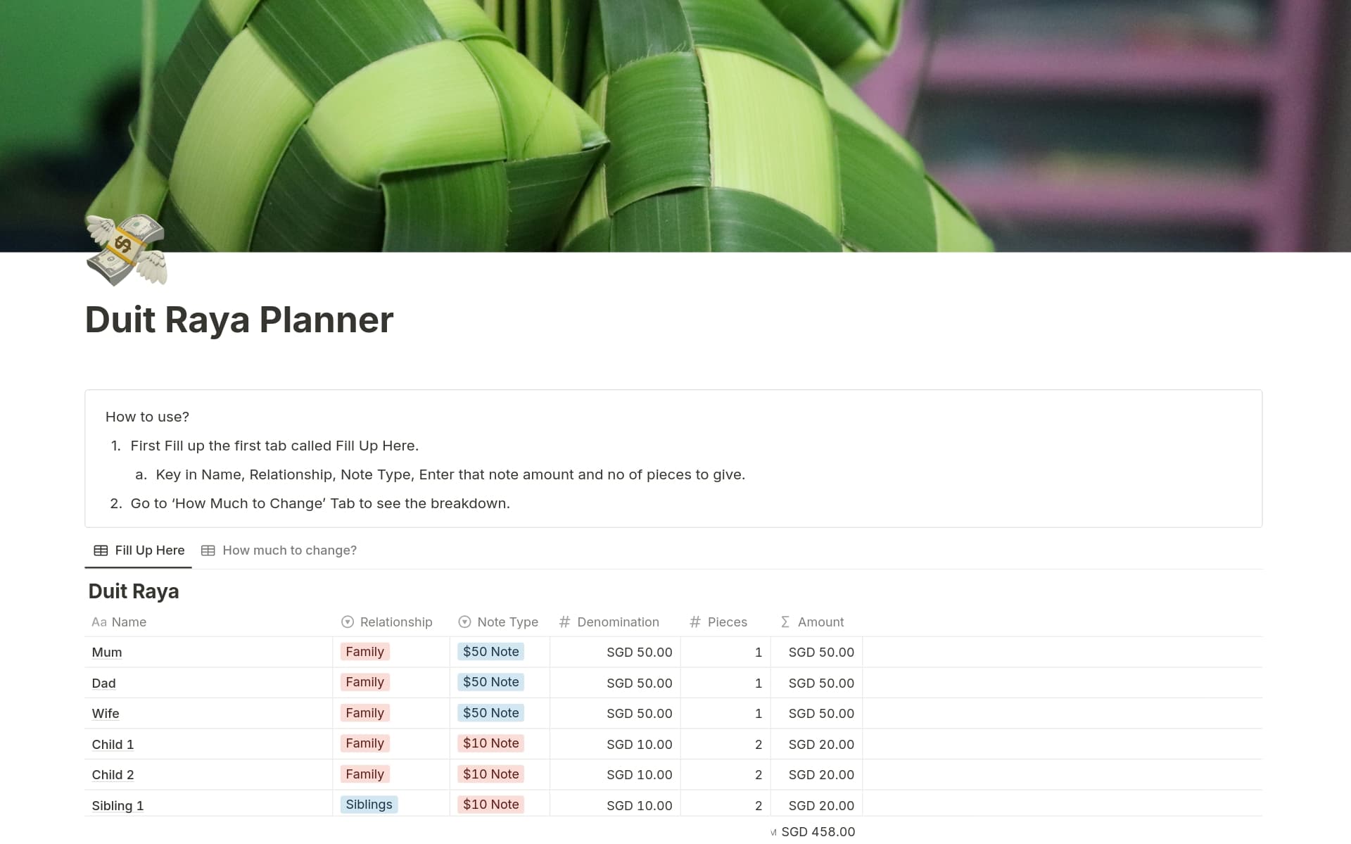 A template preview for Duit Raya Planner