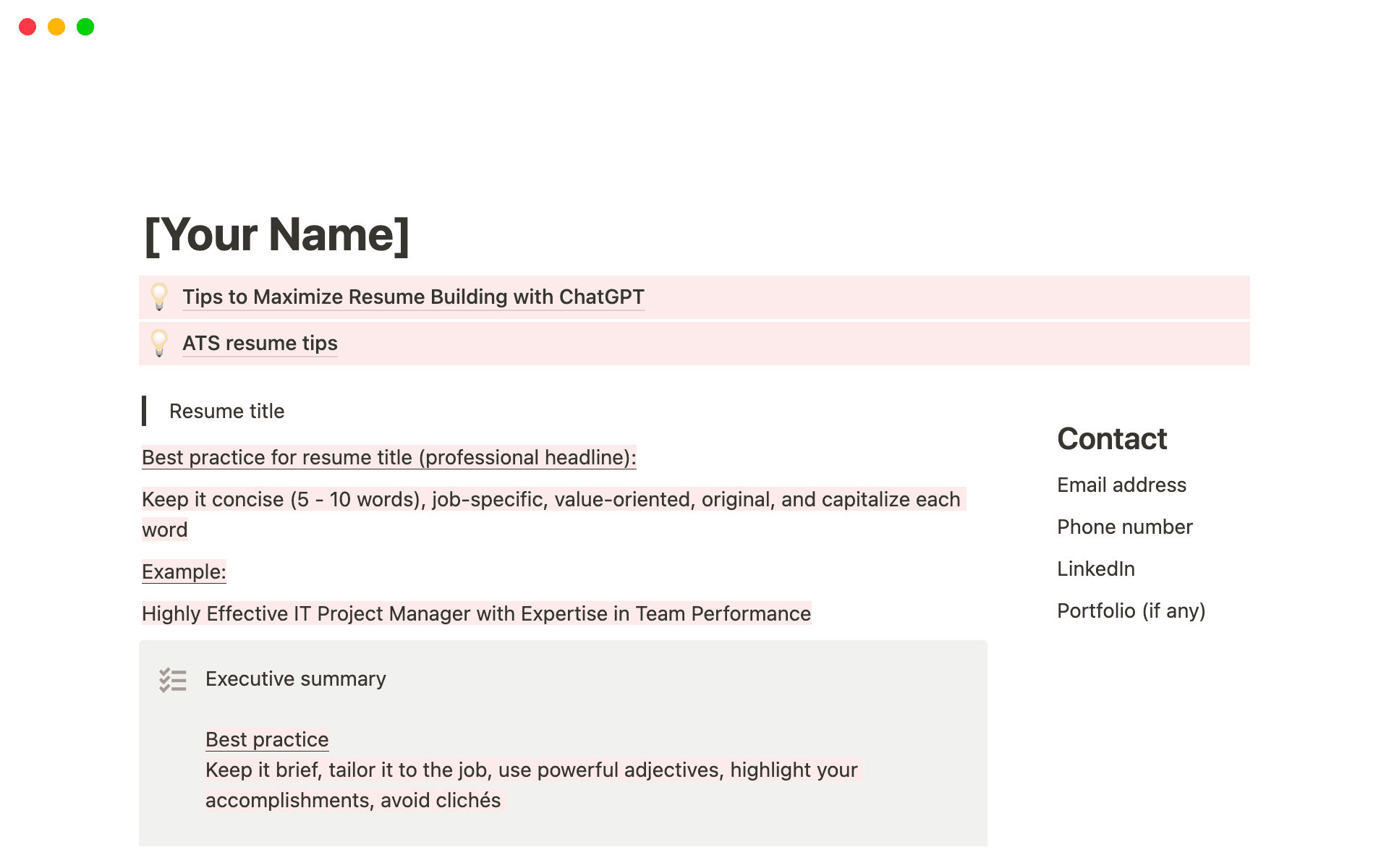 This Notion template simplifies the creation of an ATS-friendly resume, providing a structured and editable format to showcase your professional experience, skills, and qualifications effectively.