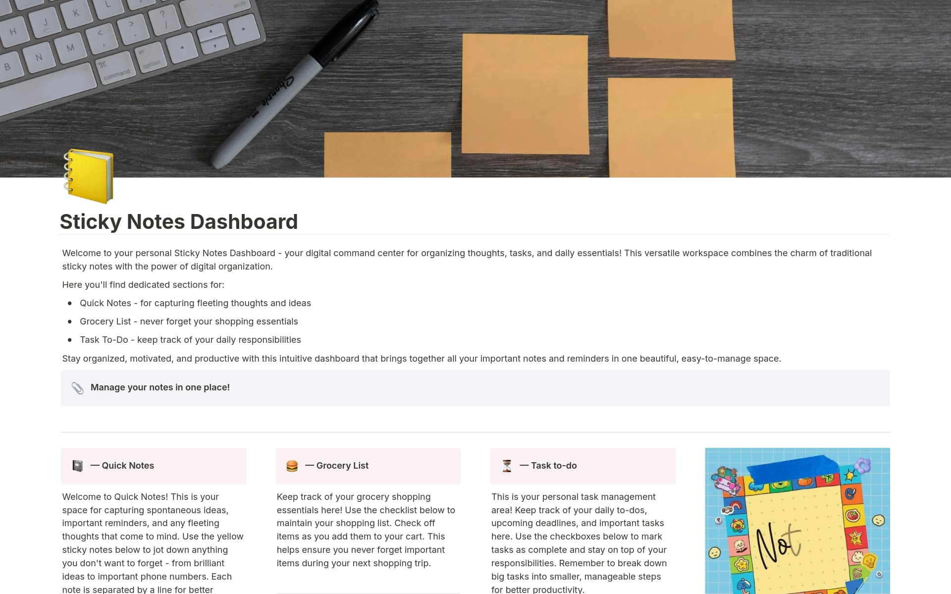 A template preview for Sticky Notes Dashboard