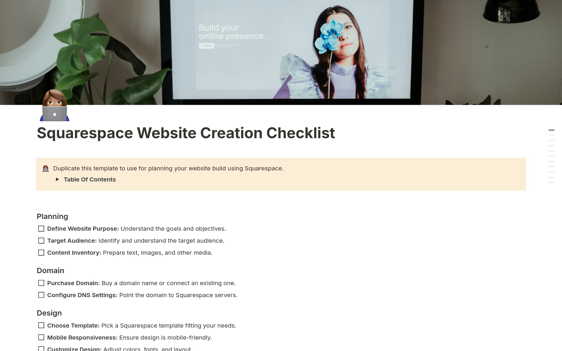 Squarespace Website Creation Checklist Template | Notion Marketplace