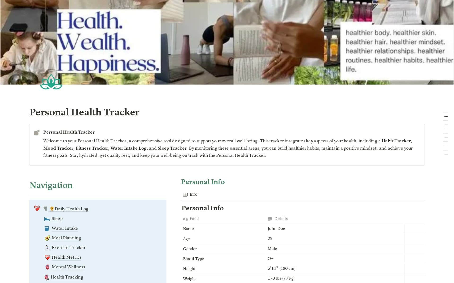 A template preview for Personal Health Tracker