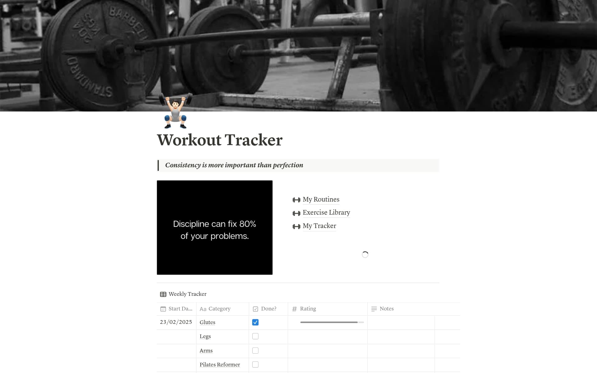 A template preview for Workouts