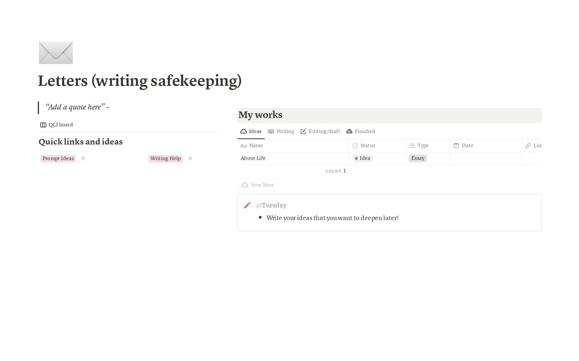 A template preview for Letters (writing safekeeping)