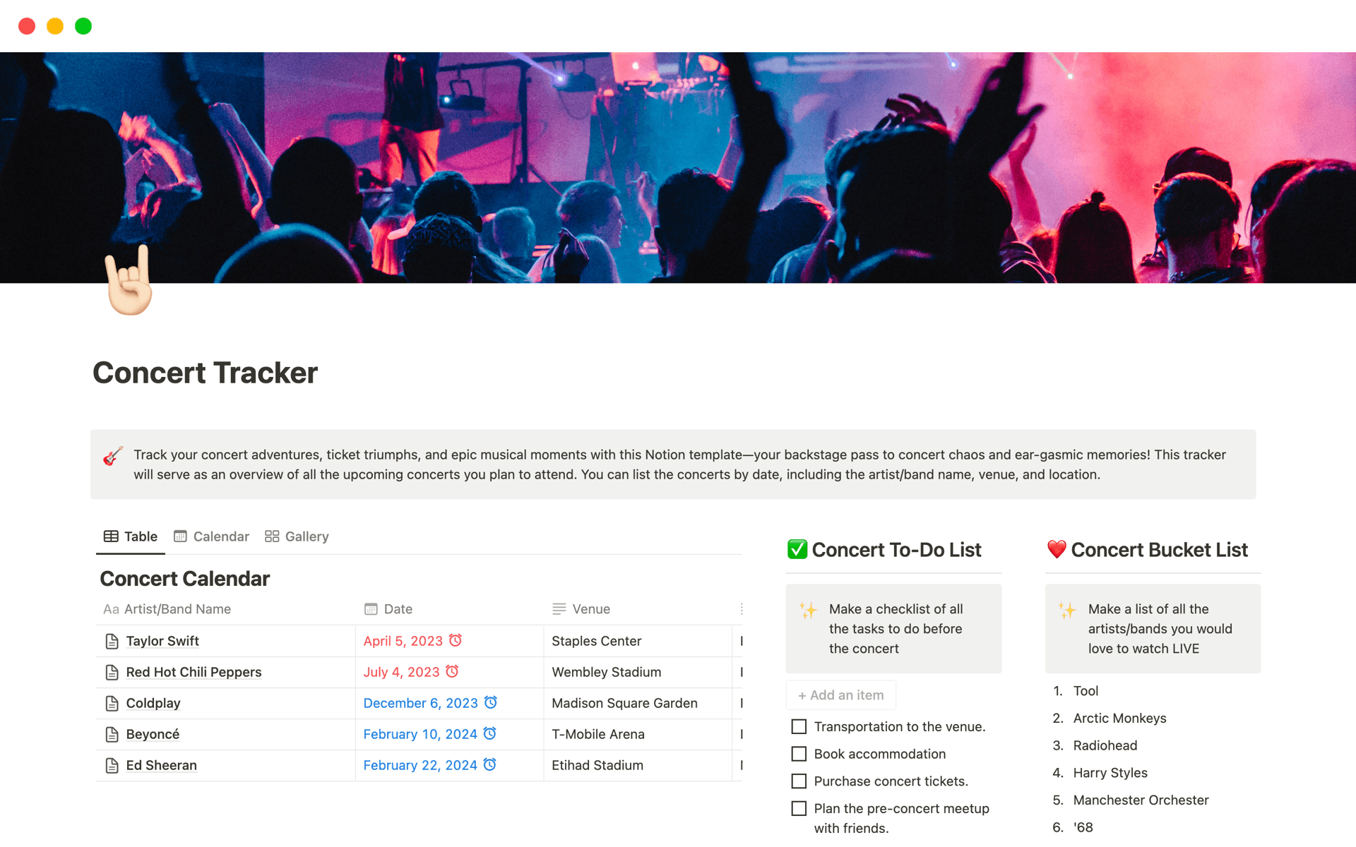 A template preview for Concert Tracker