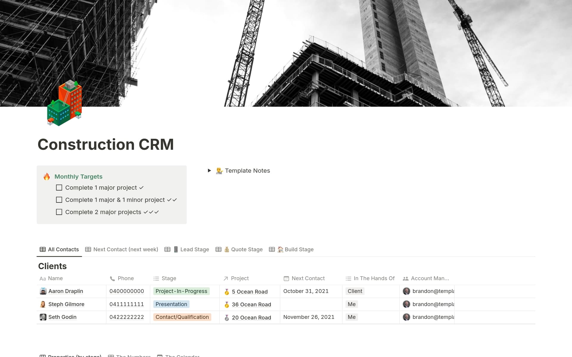Manage construction projects and client relationships with this CRM template. Track leads, organize tasks, link clients to projects, and monitor progress. Features include dashboards, staff and contractor databases, and mobile access—ideal for construction companies.