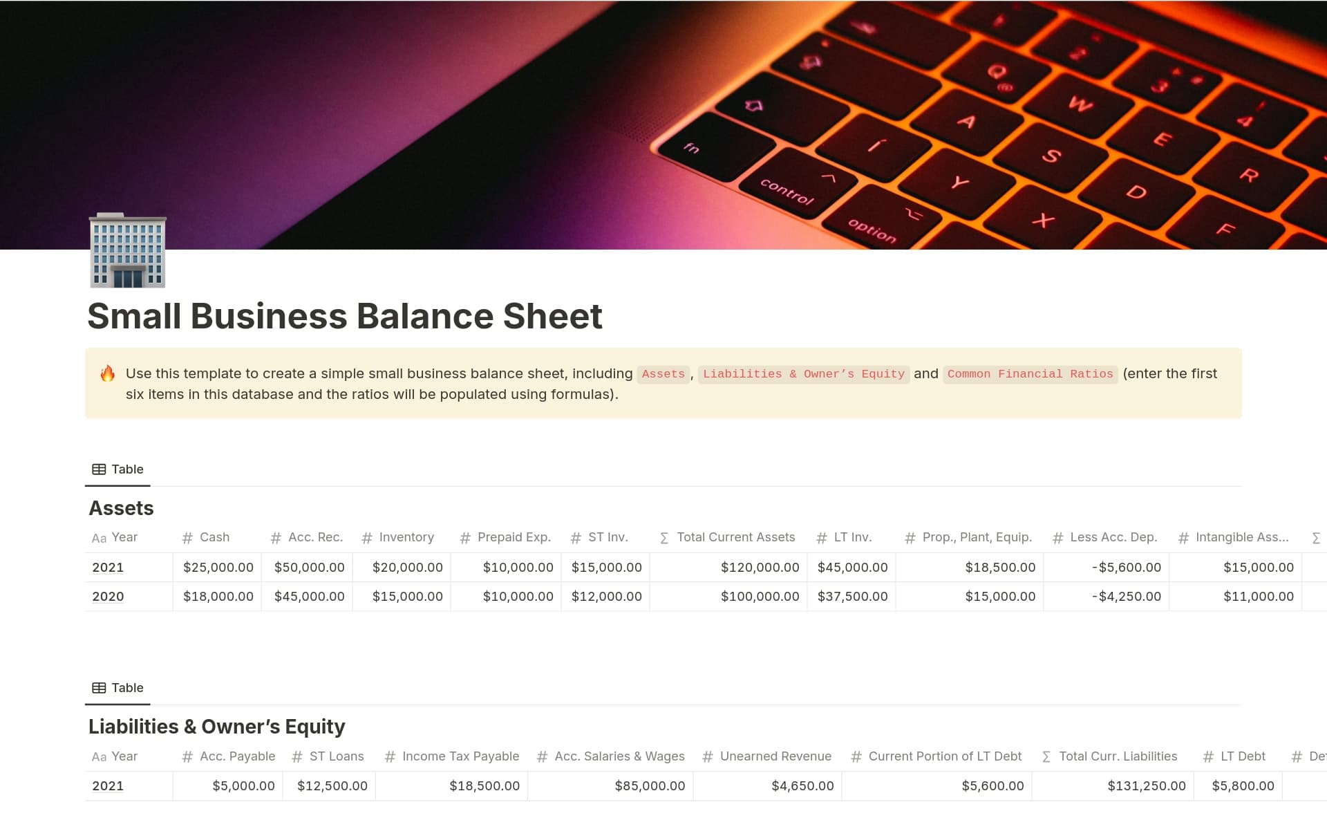 Create a small business balance sheet with this template. Track Assets, Liabilities, and Owner’s Equity while automatically calculating common financial ratios with built-in formulas. Perfect for clear and efficient financial management.