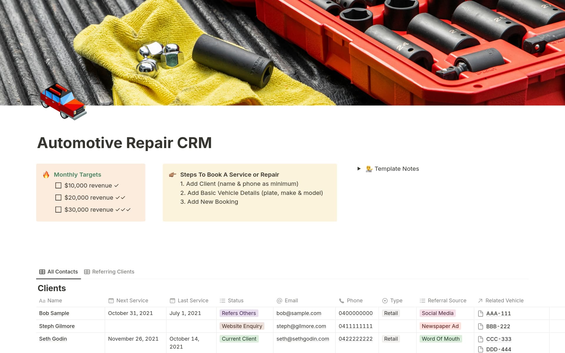 Manage your auto repair business with the Automotive Repair CRM Template. Track leads, vehicle service notes, tasks, and bookings in one centralized system. Customizable, mobile-friendly, and built to improve client communication and streamline operations.
