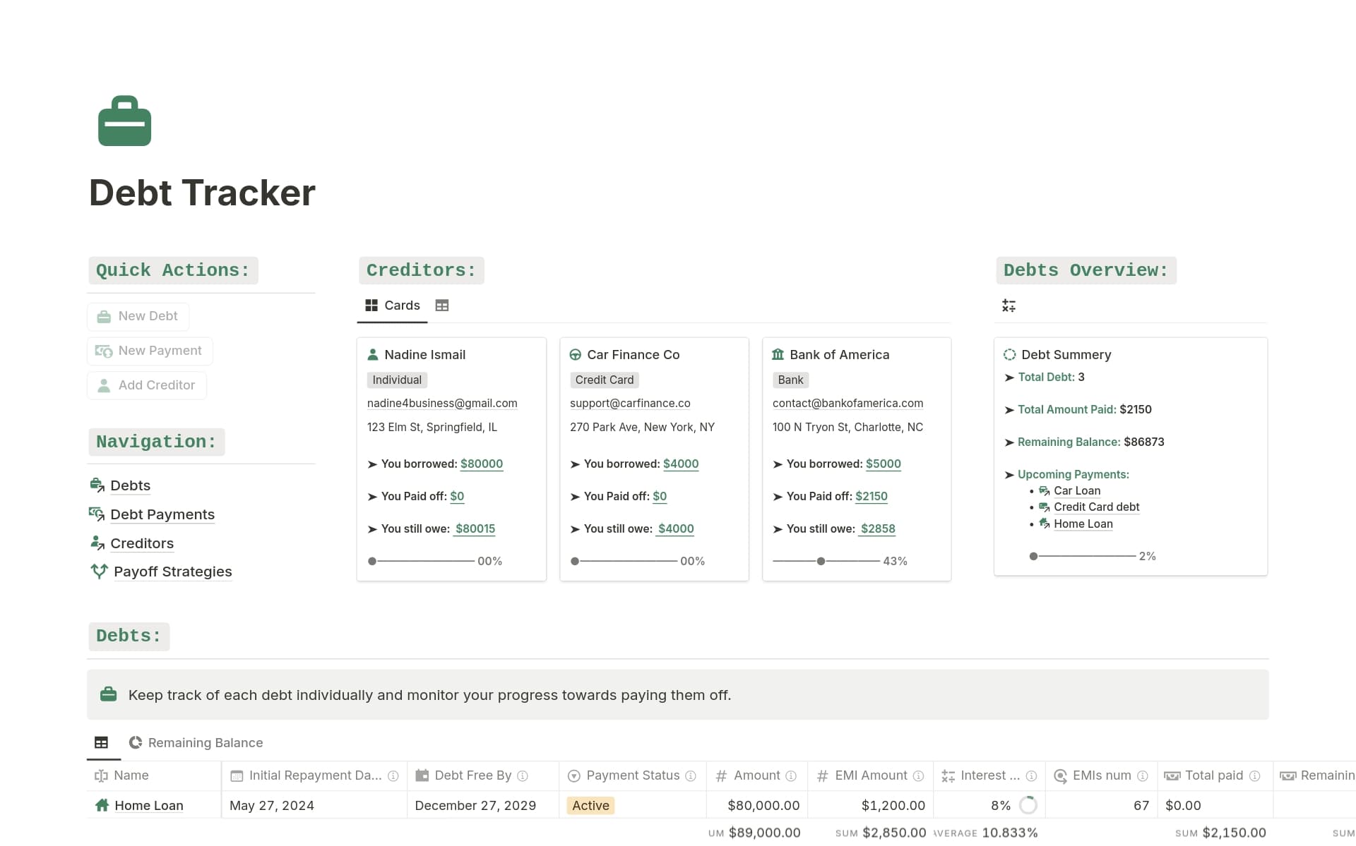 A template preview for Debt Tracker