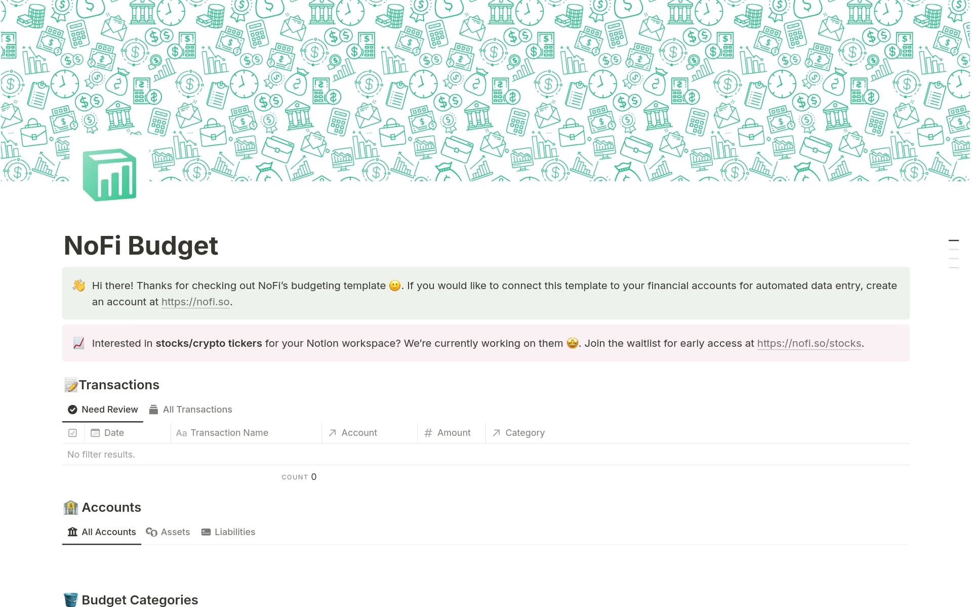 A template preview for NoFi - Personal Finance and Budgeting With Automated Data Entry