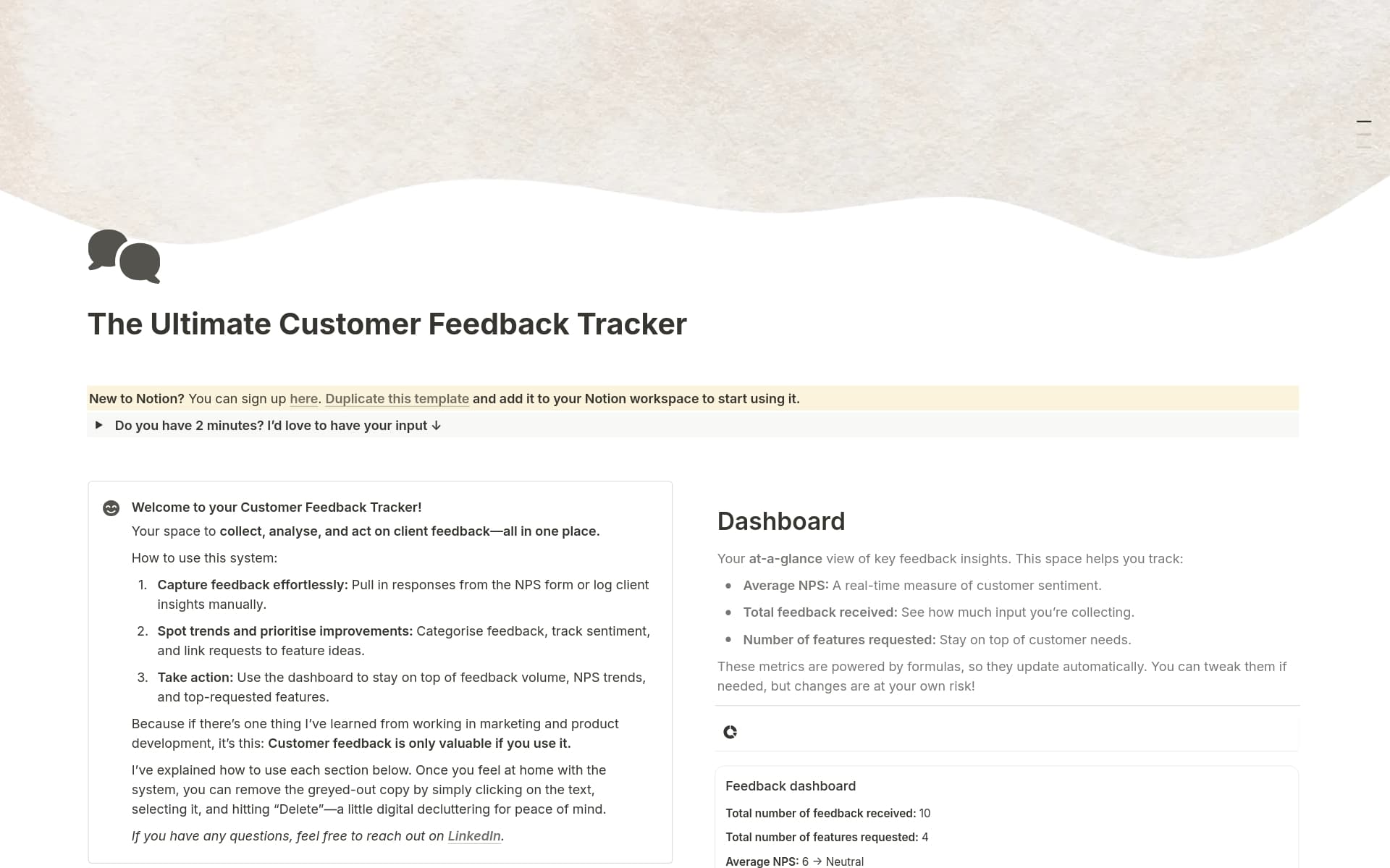 A template preview for The Ultimate Customer Feedback Tracker