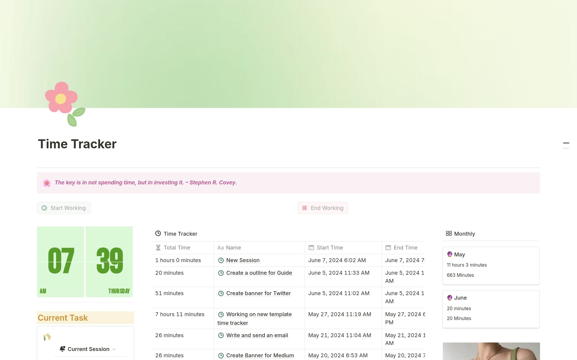 A template preview for Time Tracker