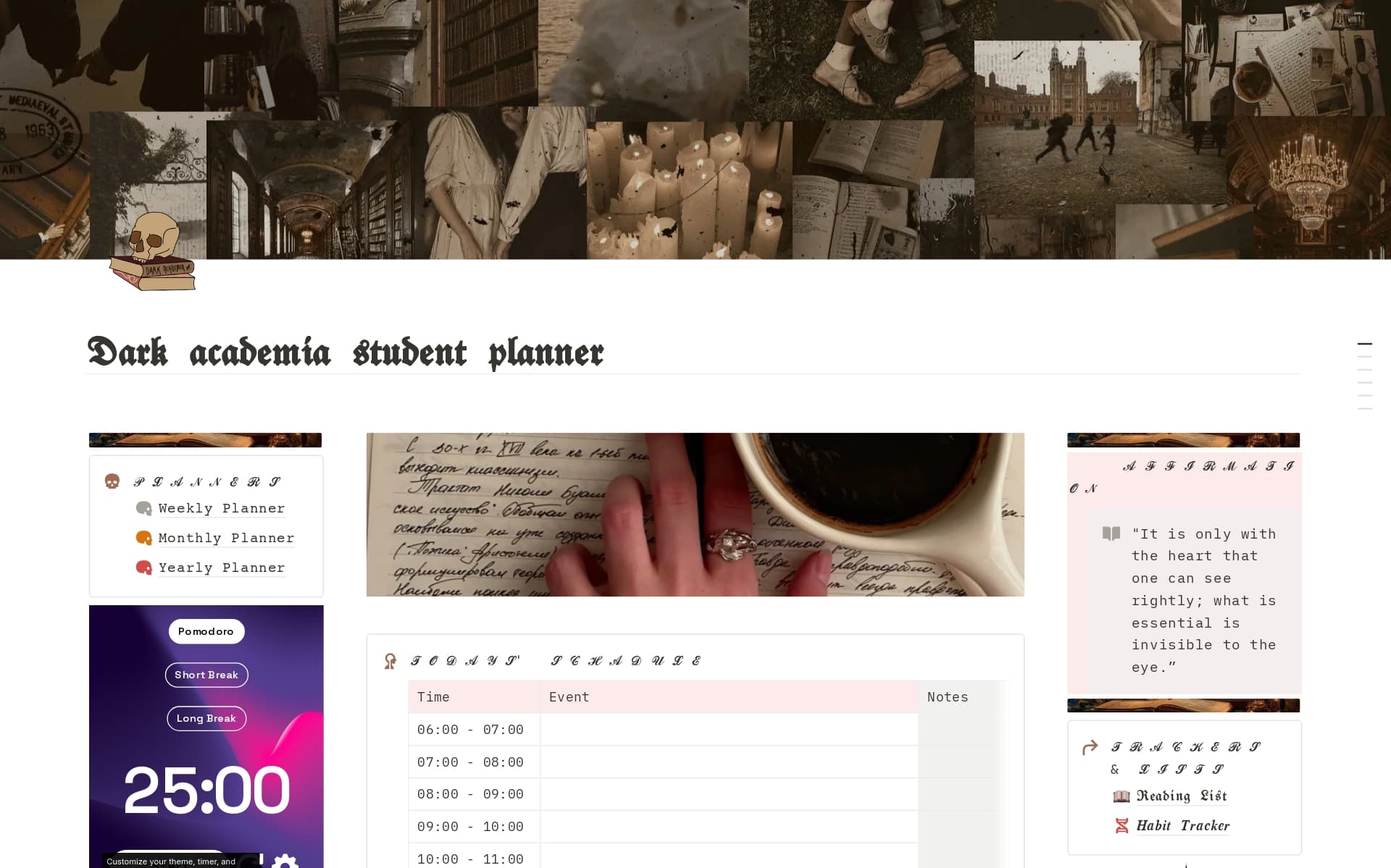 A template preview for Dark academia student planner