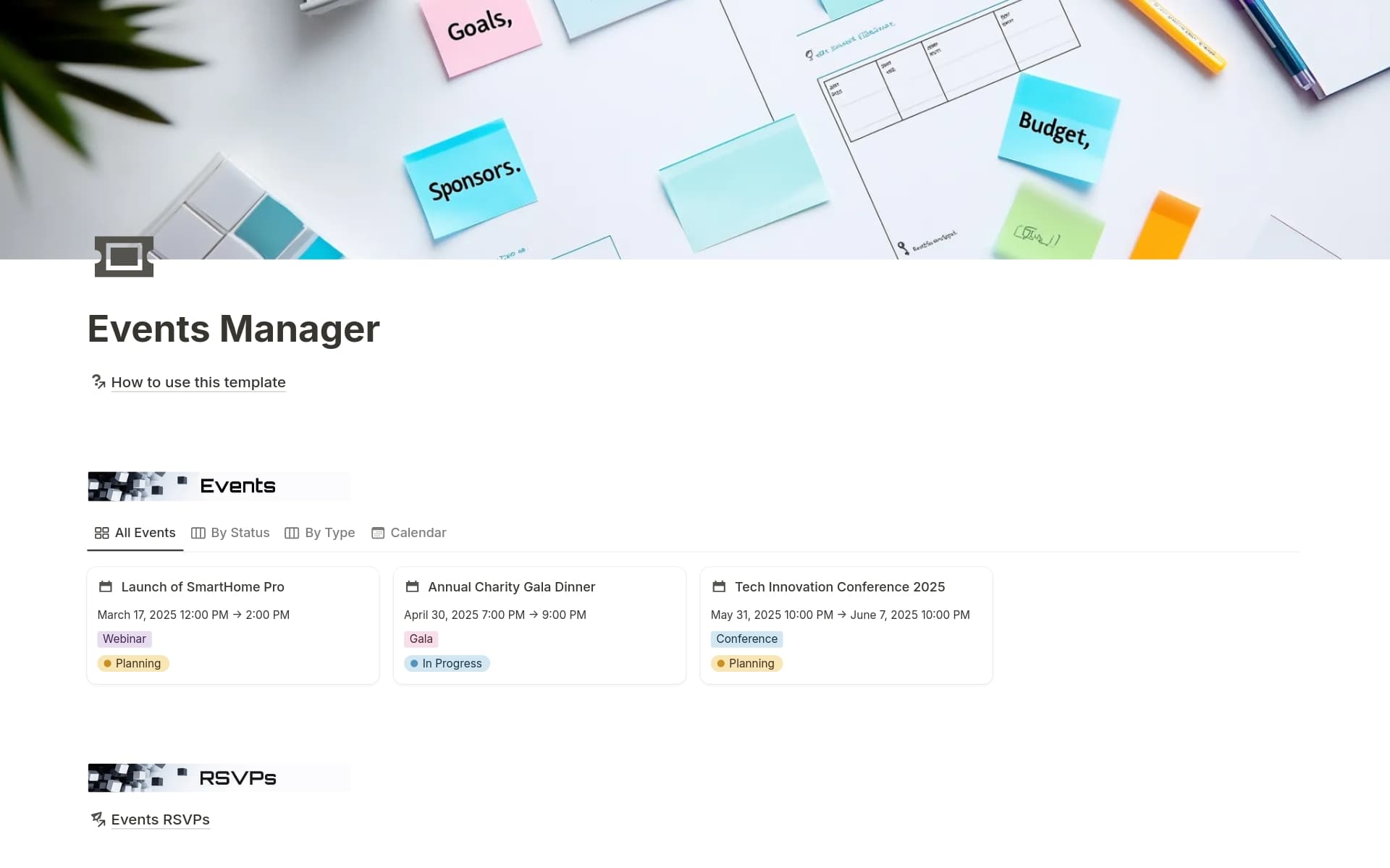 A template preview for Event Manager