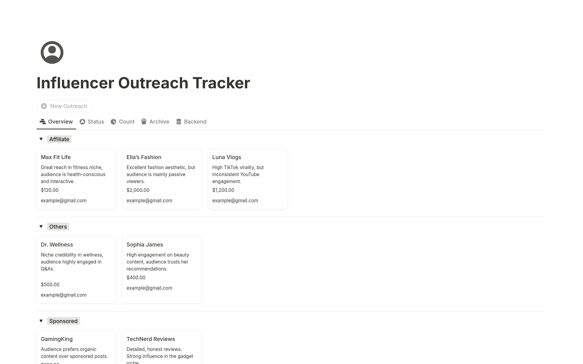 A template preview for Influencer Outreach Tracker