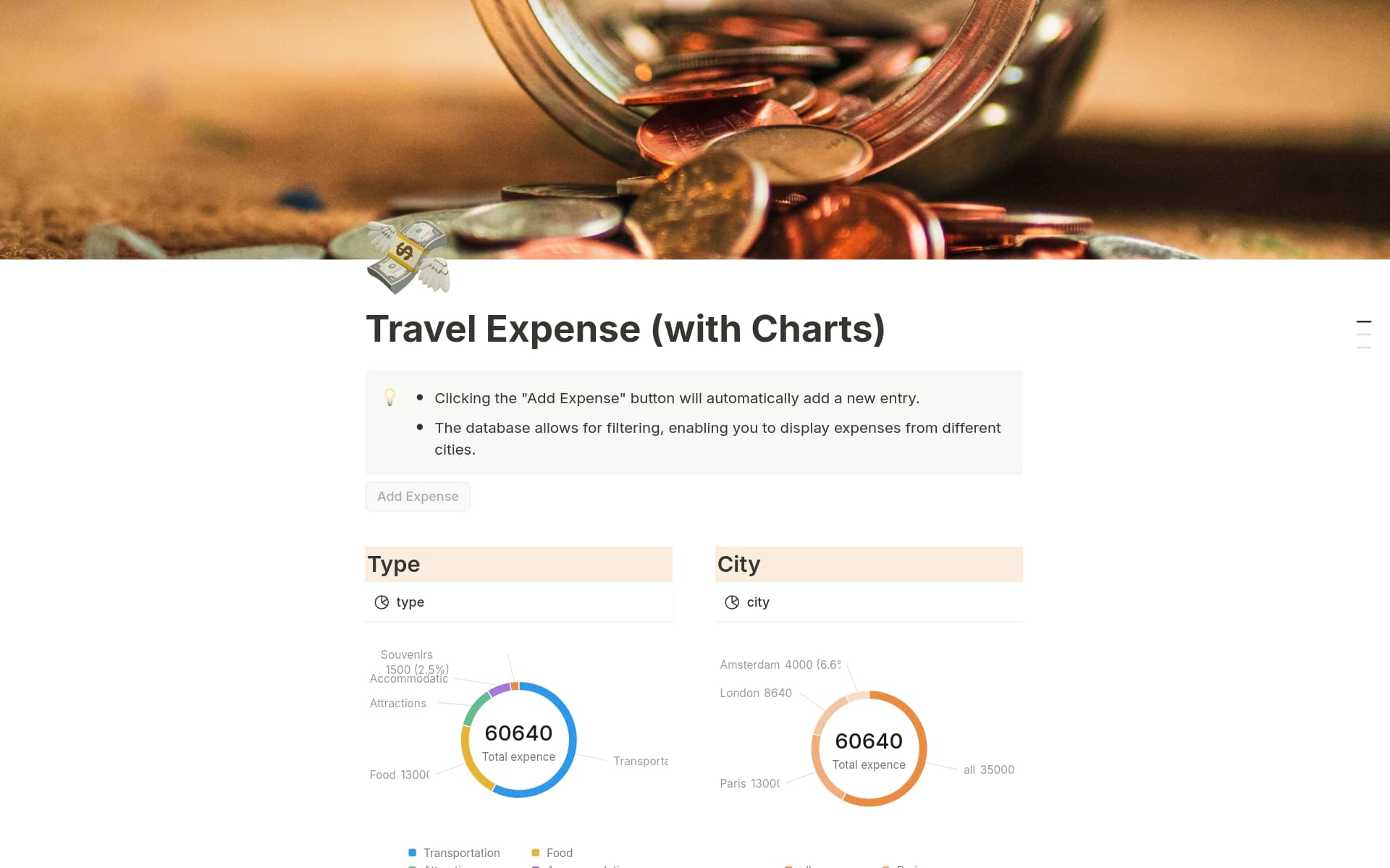A template preview for Travel Expense (with Charts)