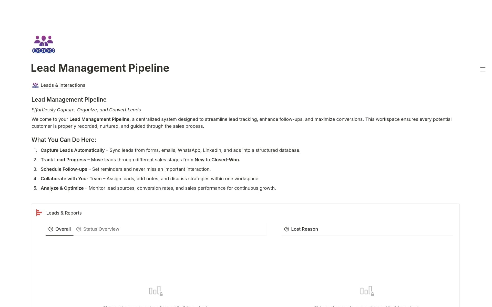 A template preview for Lead Management | Pipeline | Interaction