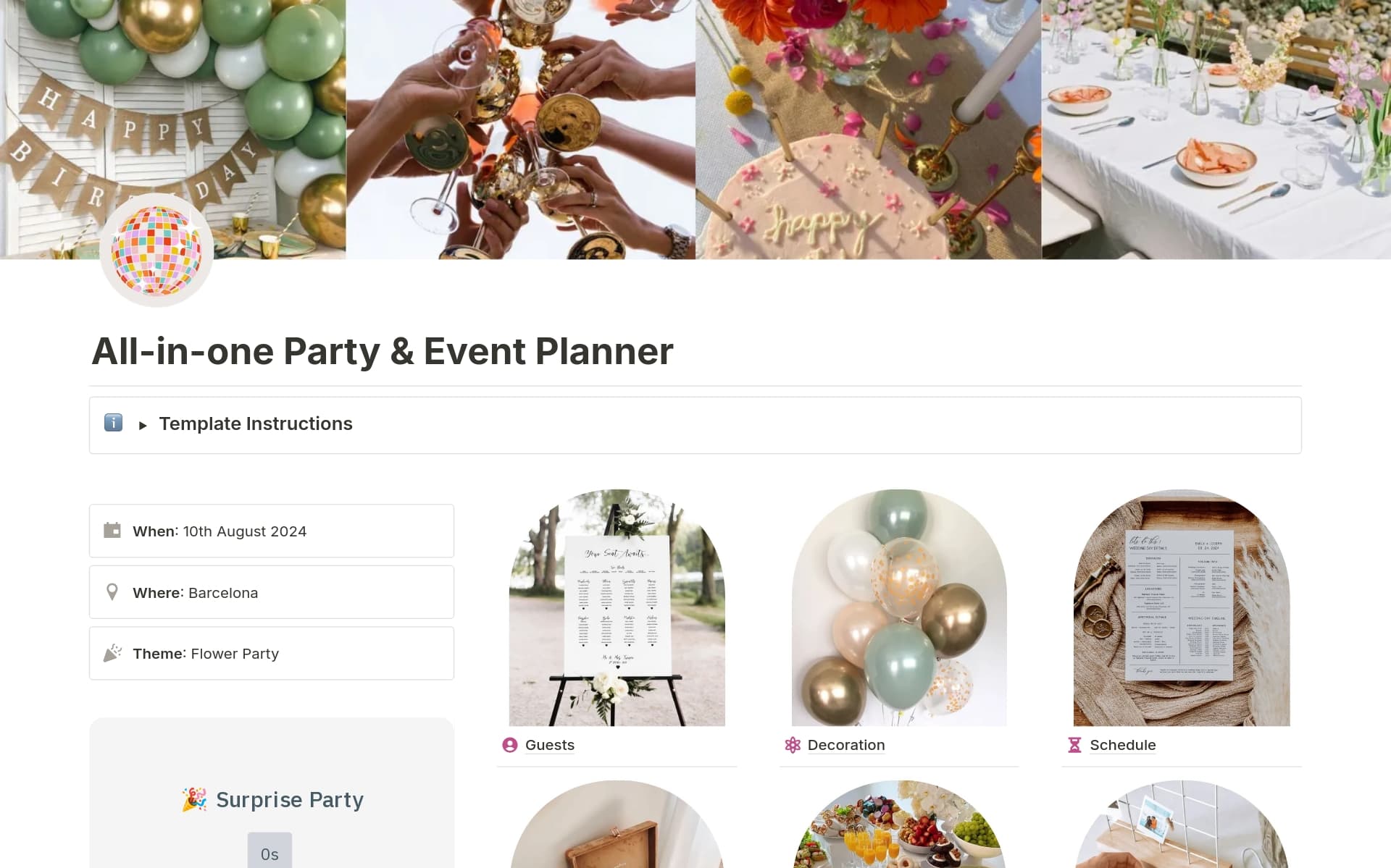 A template preview for Party Planner: birthday, thanksgiving, christmas