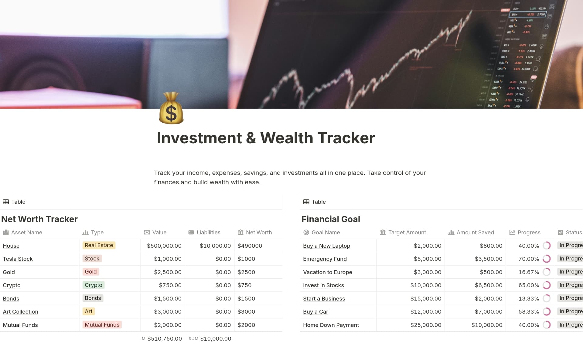 A template preview for Investment & Wealth Tracker