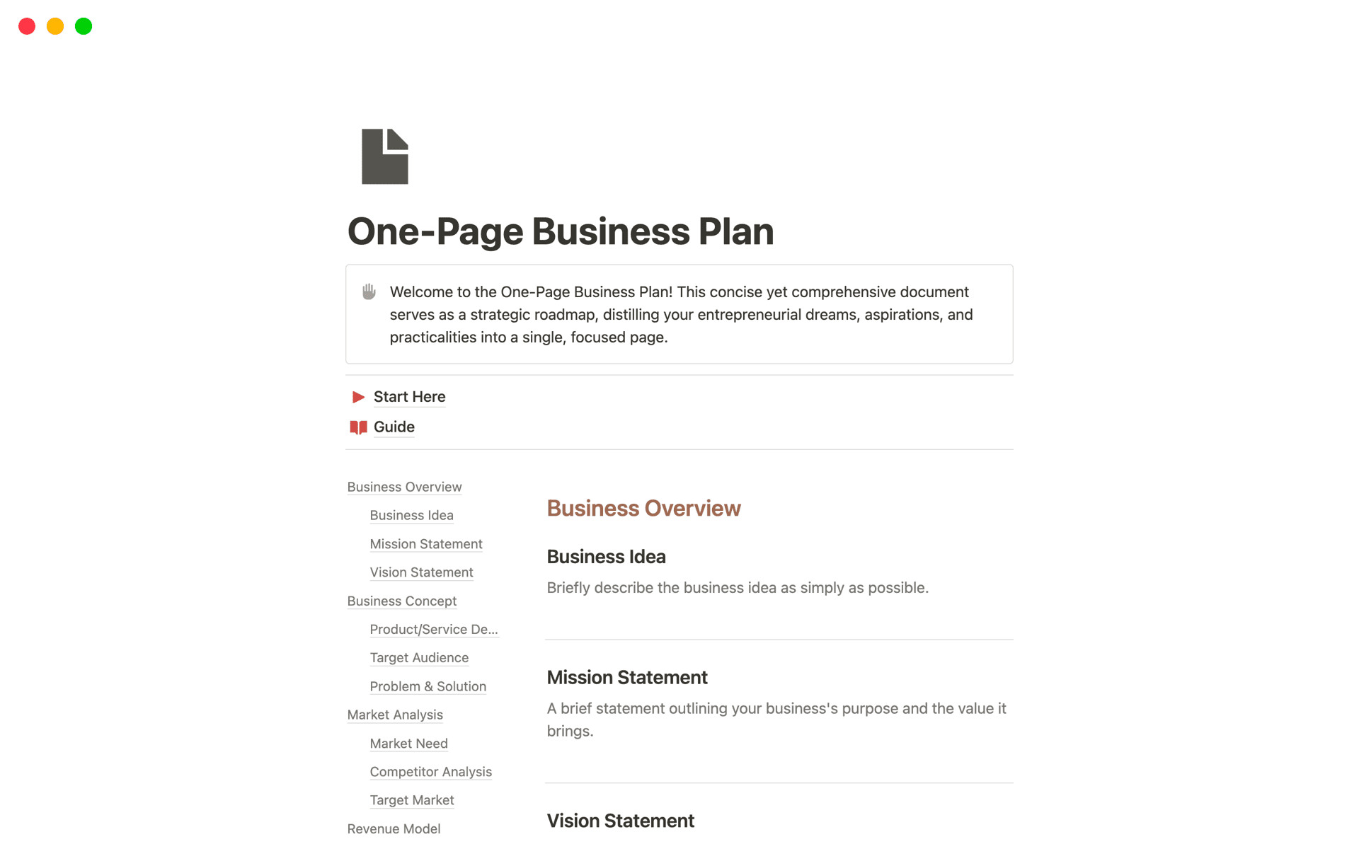 A template preview for One-Page Business Plan