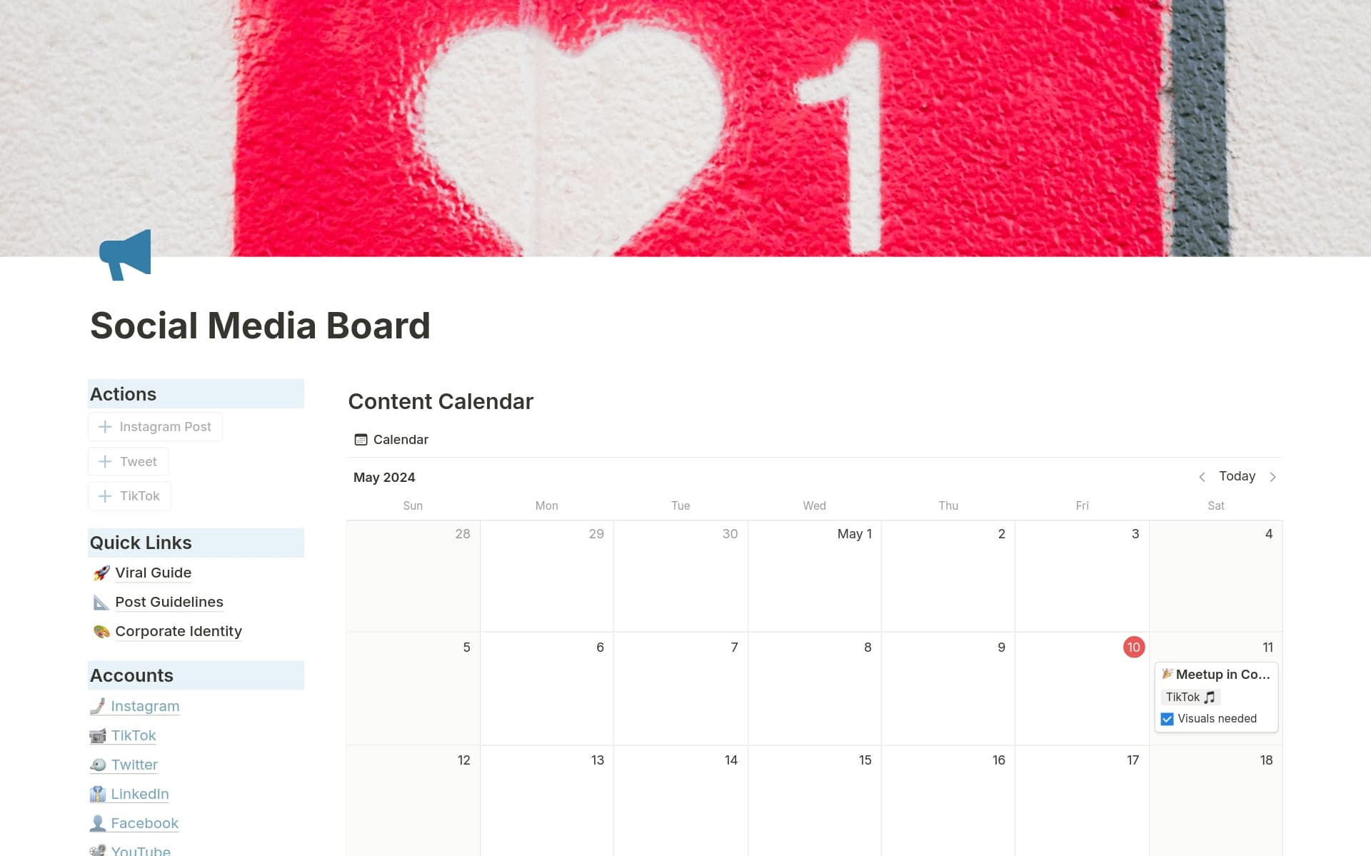 Plan, create, and track your social media presence with ease! This template provides everything you need to manage your social media channels in one organized workspace.