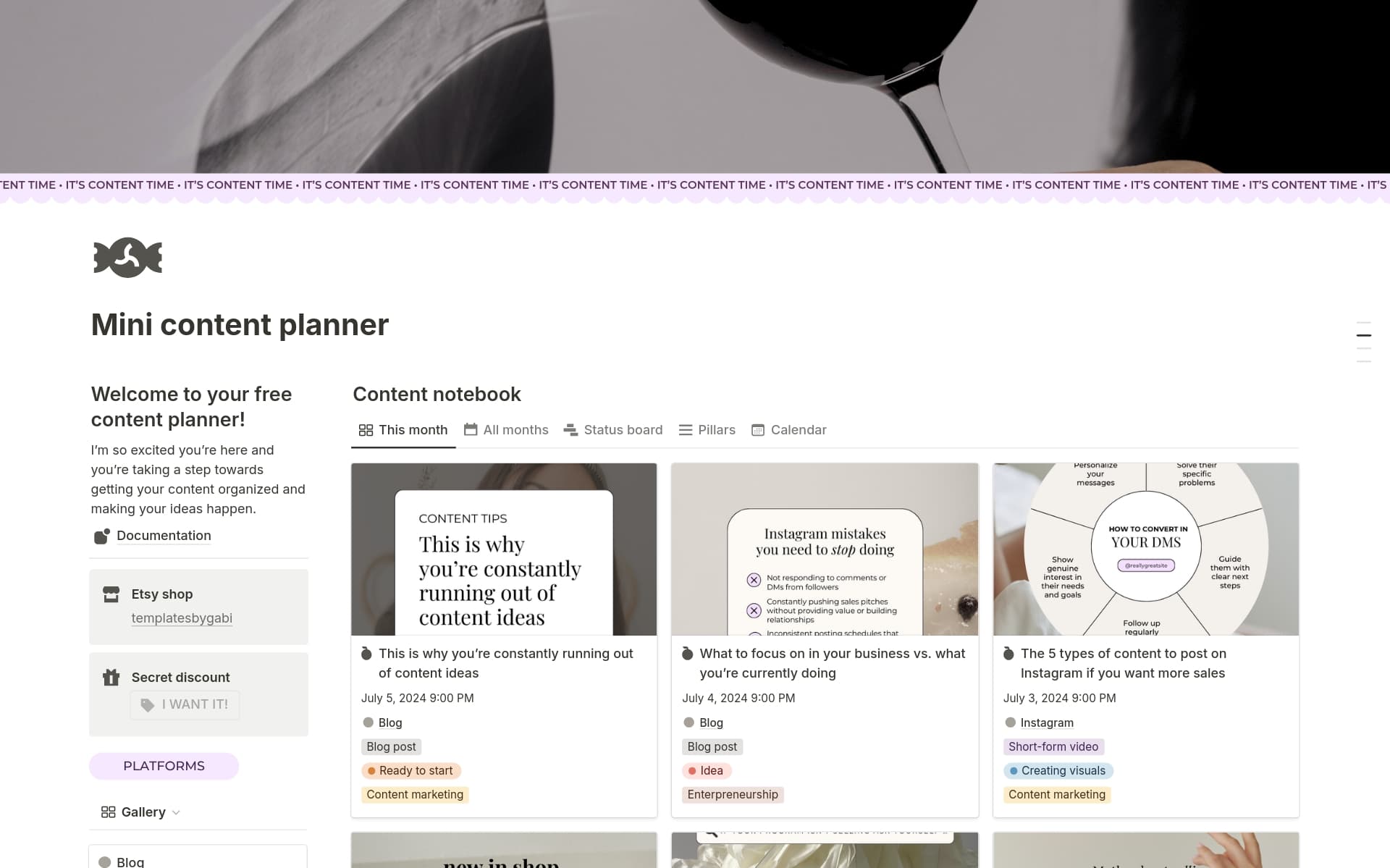 A template preview for Mini content planner