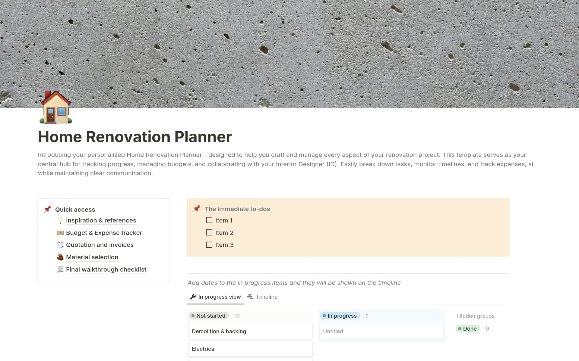A template preview for Home Renovation Planner