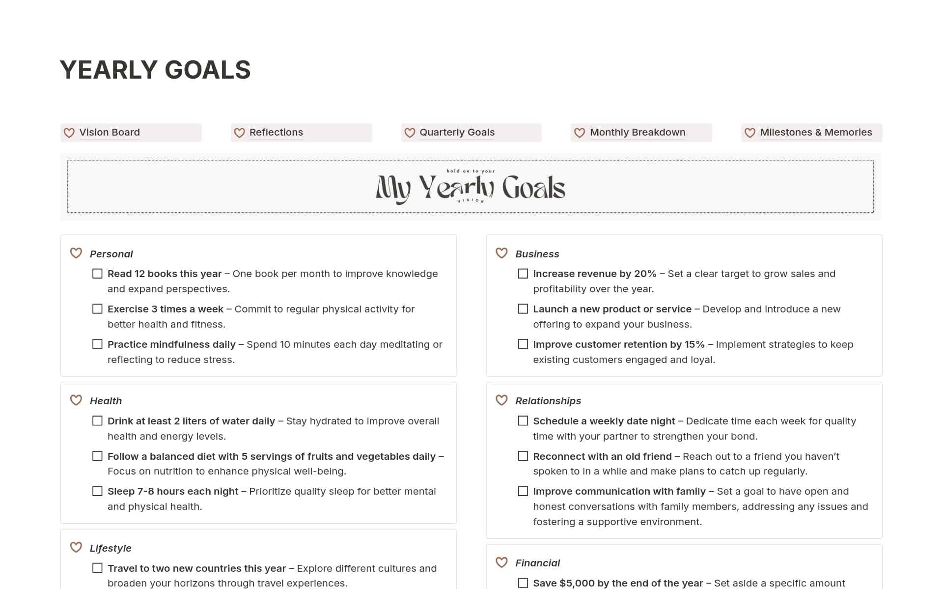 A template preview for 2025 Yearly Goals