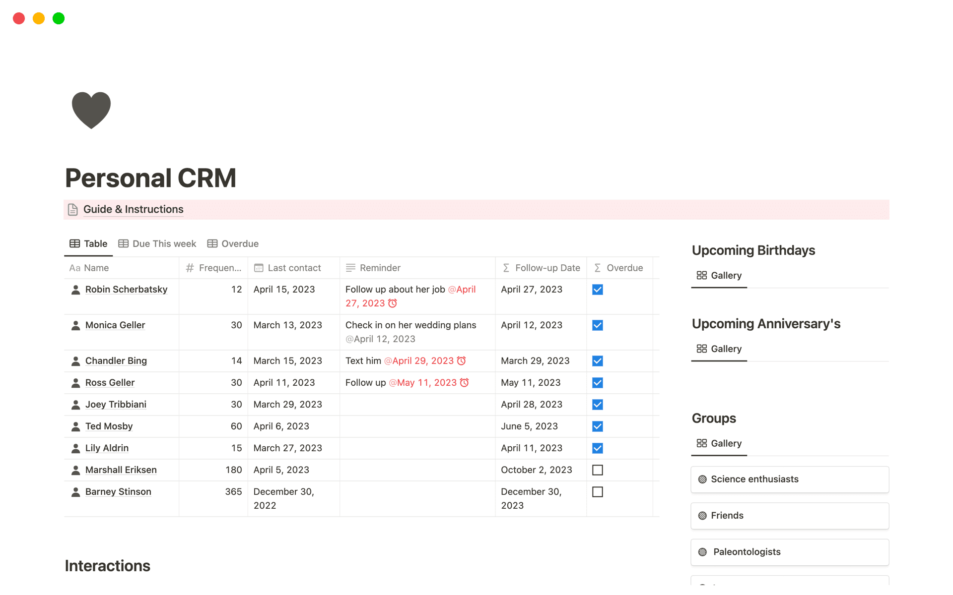 A template preview for Personal CRM
