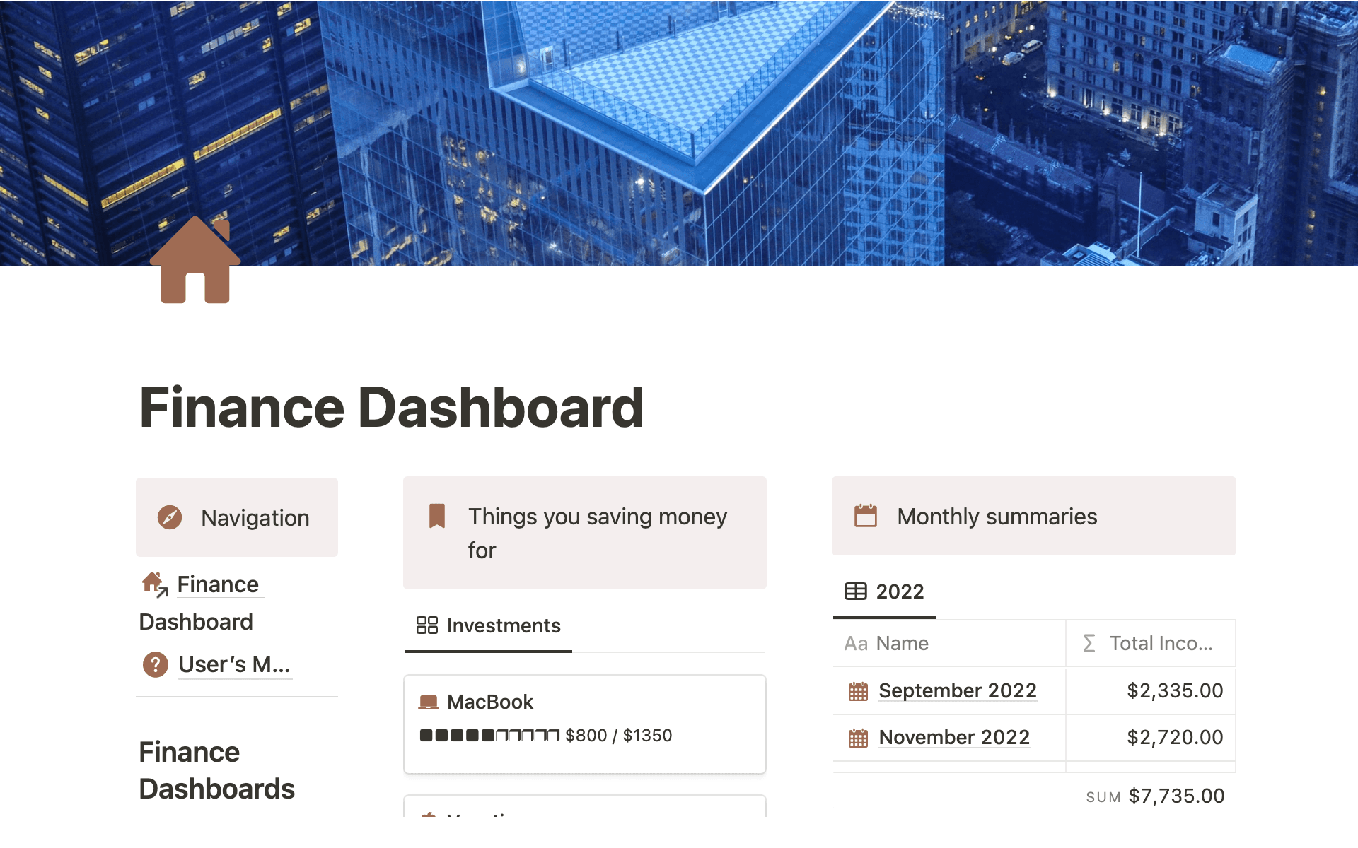 The template is a financial dashboard that should take care of your personal finances.