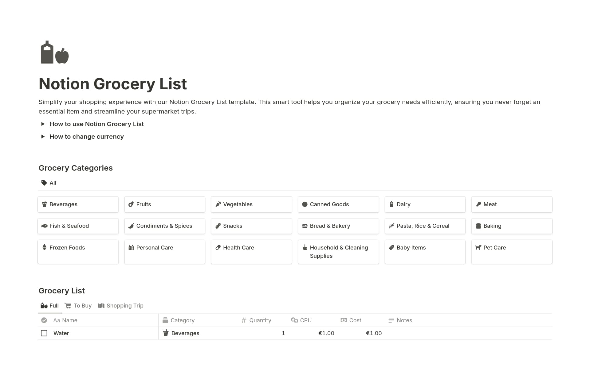 A template preview for Grocery List
