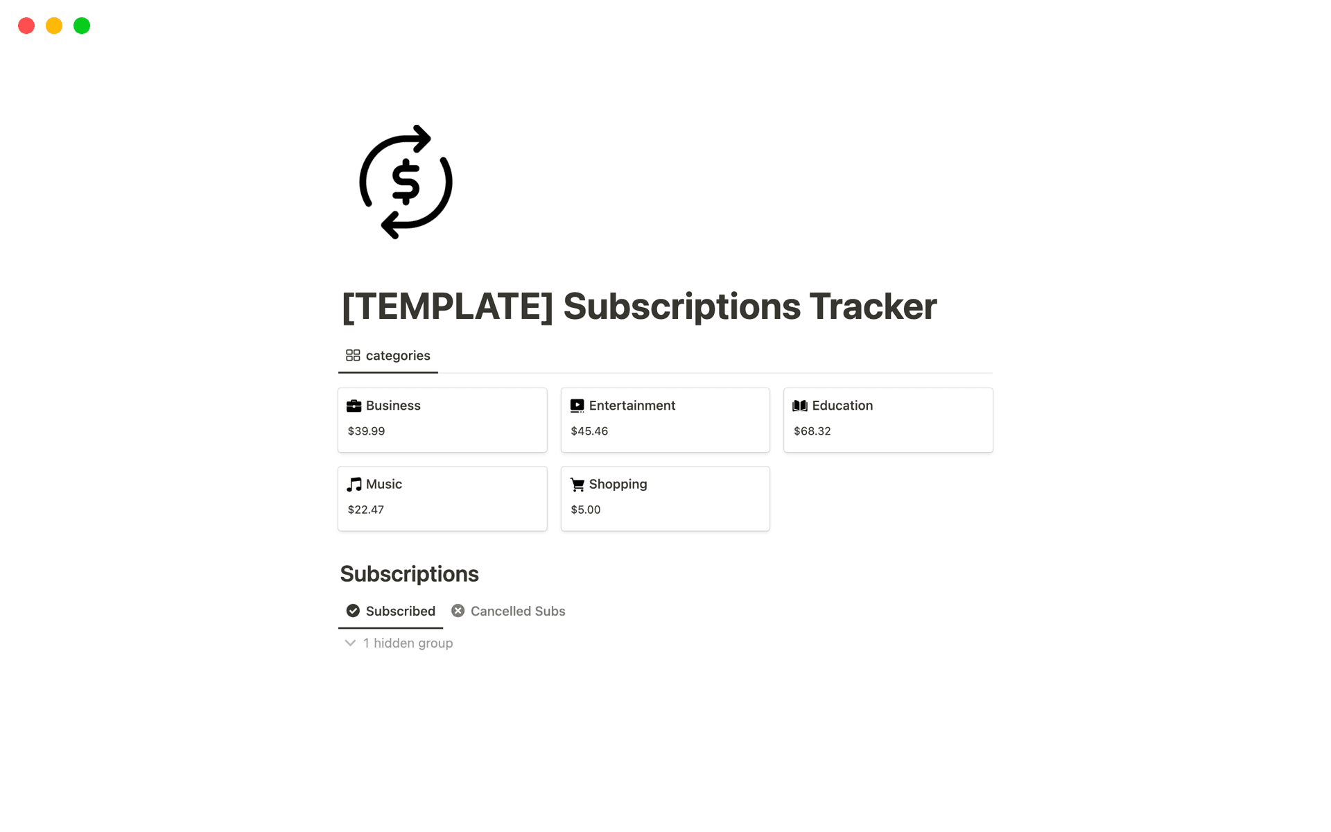 A template preview for Subscriptions Tracker