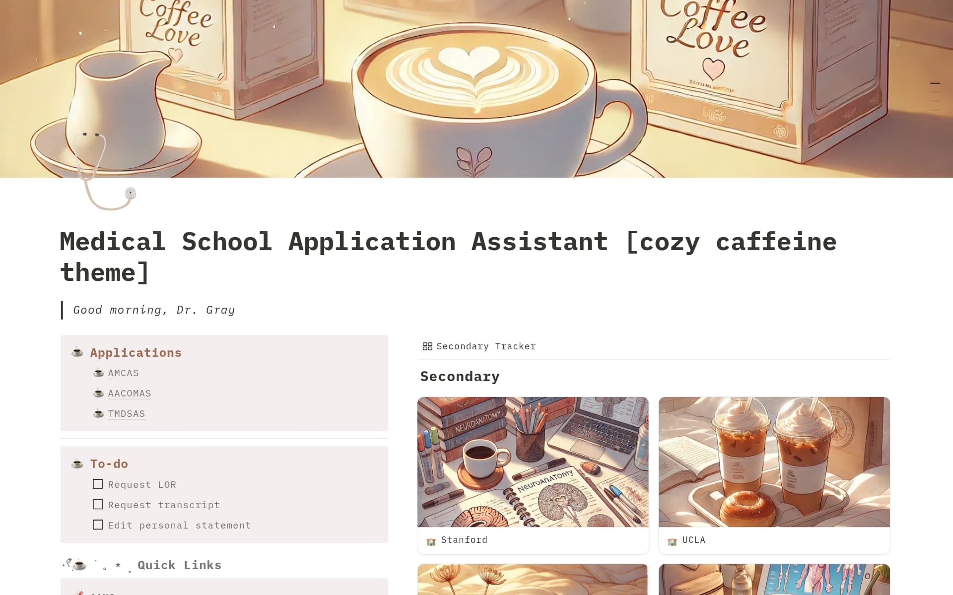A template preview for Medical School Application Tracker (cozy caffeine)