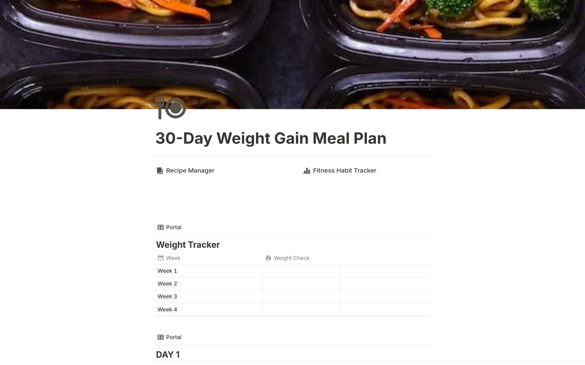 A template preview for 30-Day Weight Gain Meal Plan