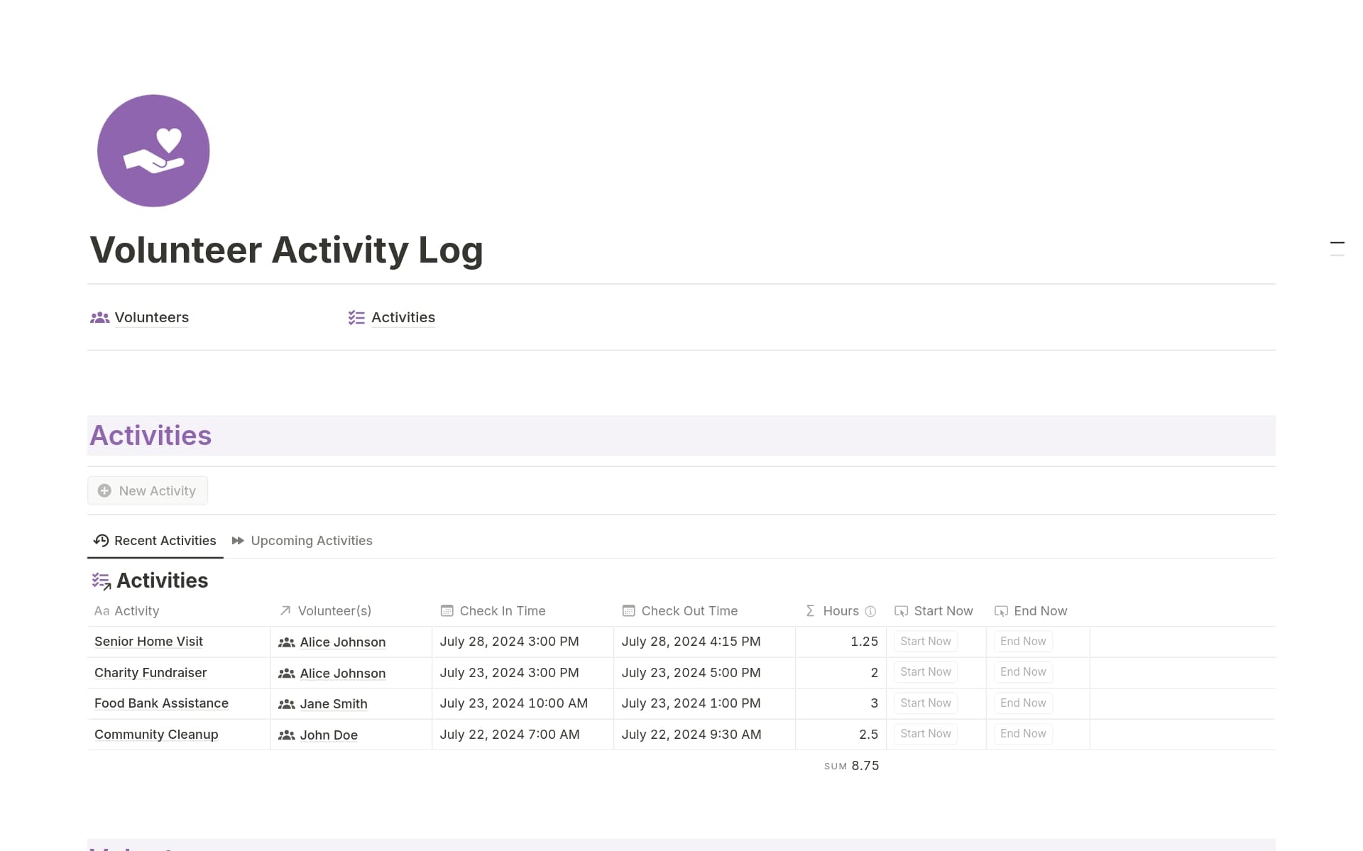 A template preview for Volunteer Activity Log